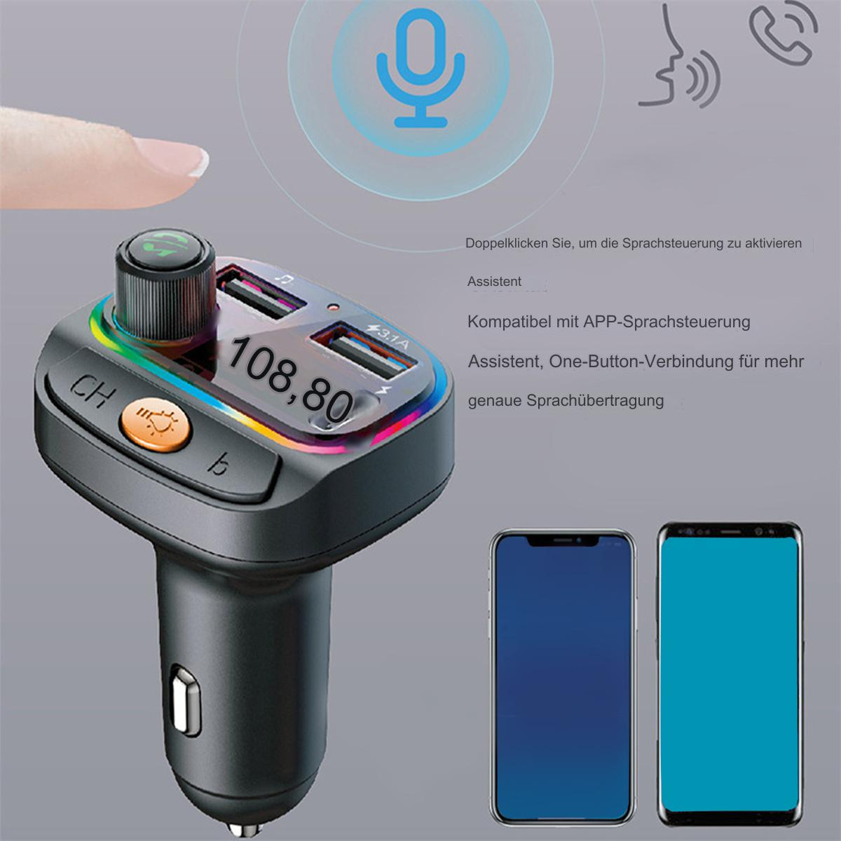 Autoladegerät mit zwei USB-Anschlüssen, Mikrofon-Symbol und Handynutzung.