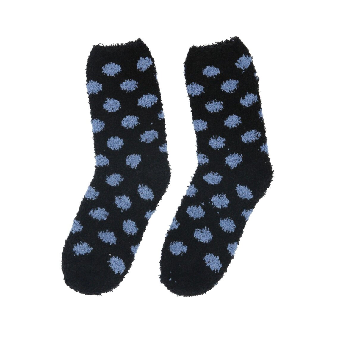 Schwarze Socken mit hellblauen Tupfen.