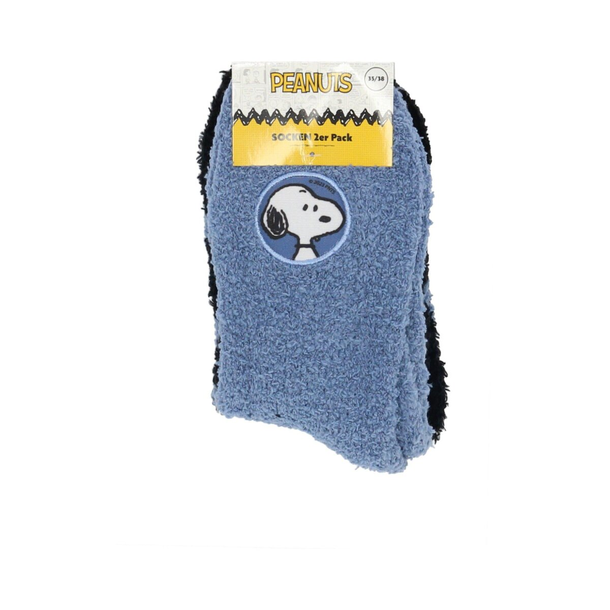 Zwei Paar Snoopy-Socken in Blau und Schwarz mit Snoopy-Aufnäher.
