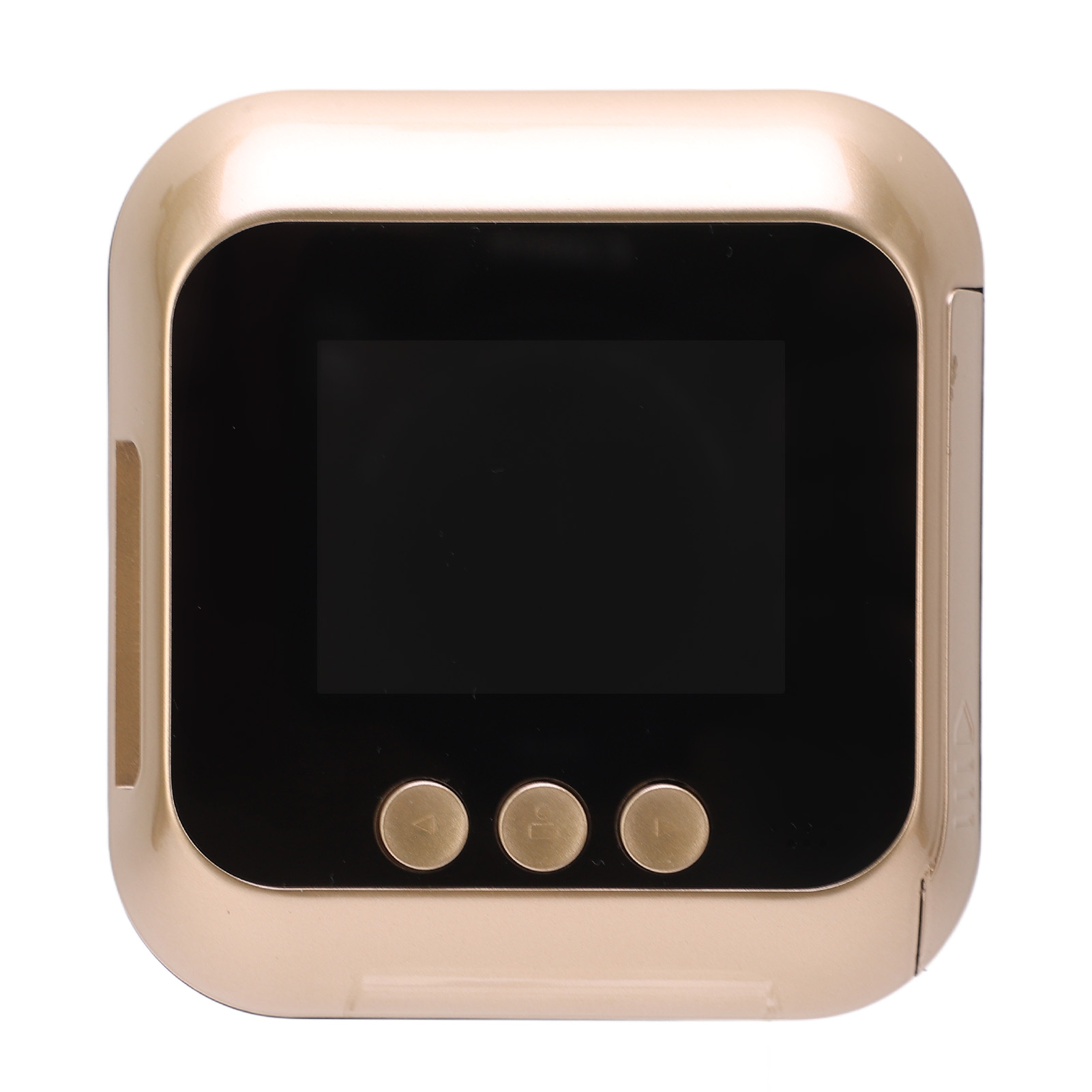 Goldene digitale Türklingel mit schwarzem Bildschirm und drei Tasten.