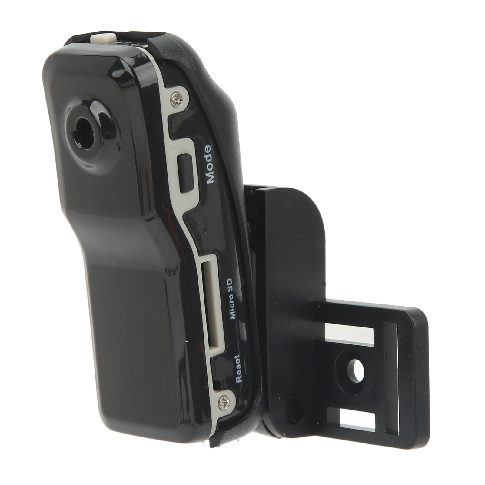 Kleine schwarze Kamera mit Micro-SD-Slot, Modus- und Reset-Tasten, auf weißem Hintergrund.