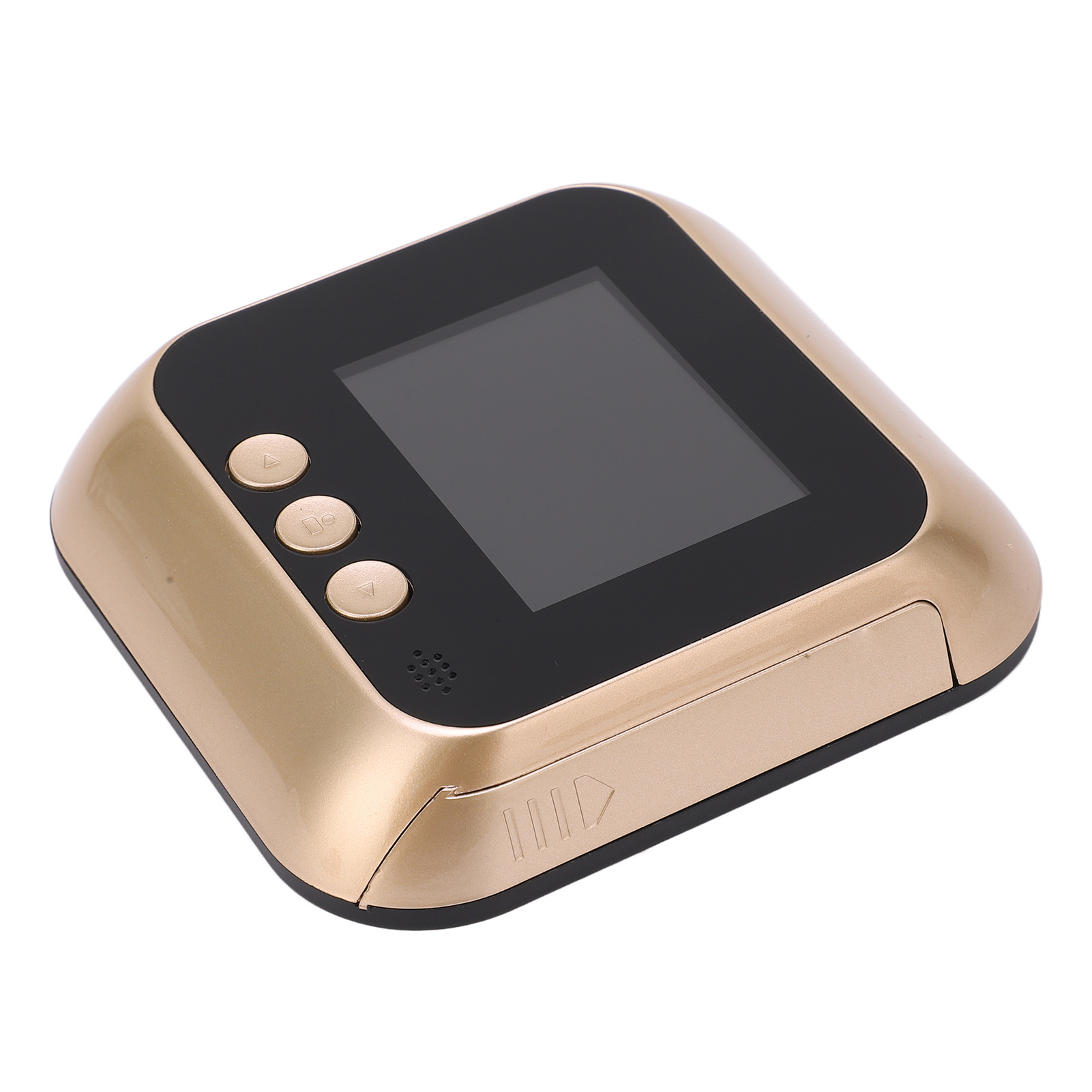 Goldener digitaler Türspion mit schwarzem Bildschirm und drei Tasten.