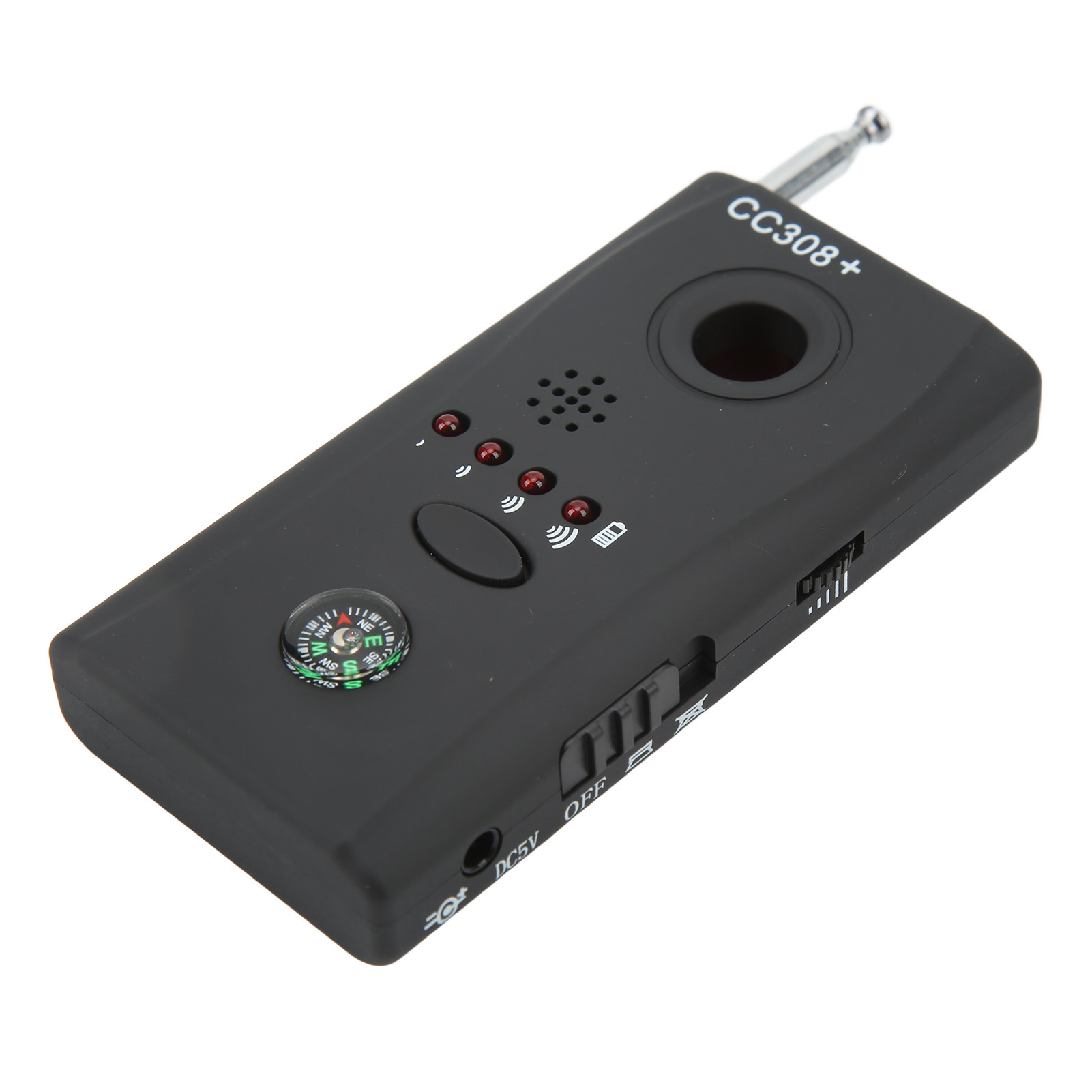 Schwarzes CC308+ Gerät mit Kompass, LEDs und Antenne auf weißem Hintergrund.