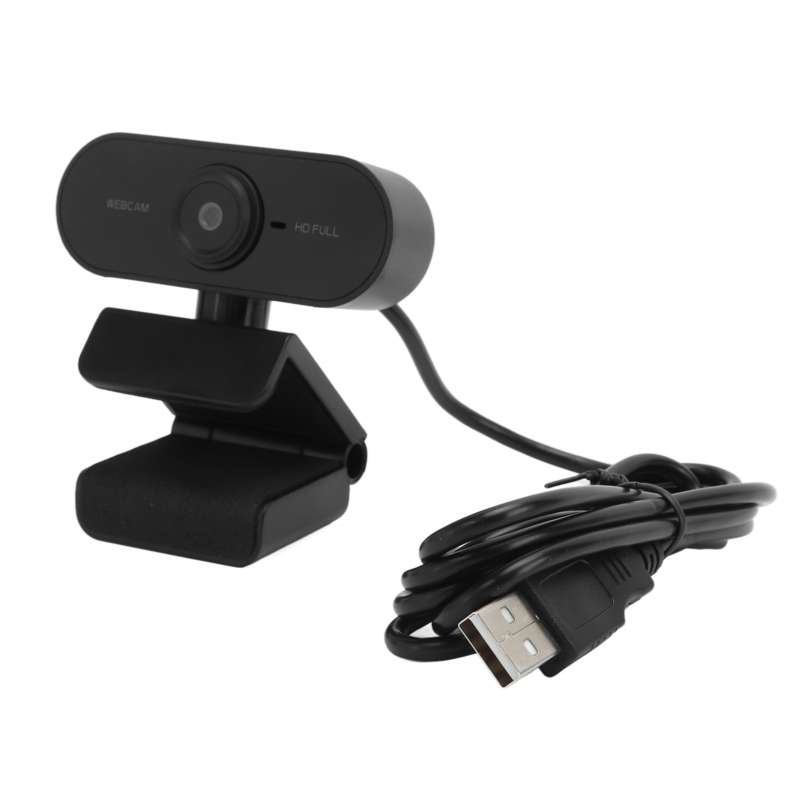 Eine schwarze Webcam mit USB-Kabel und Ständer, auf weißem Hintergrund.