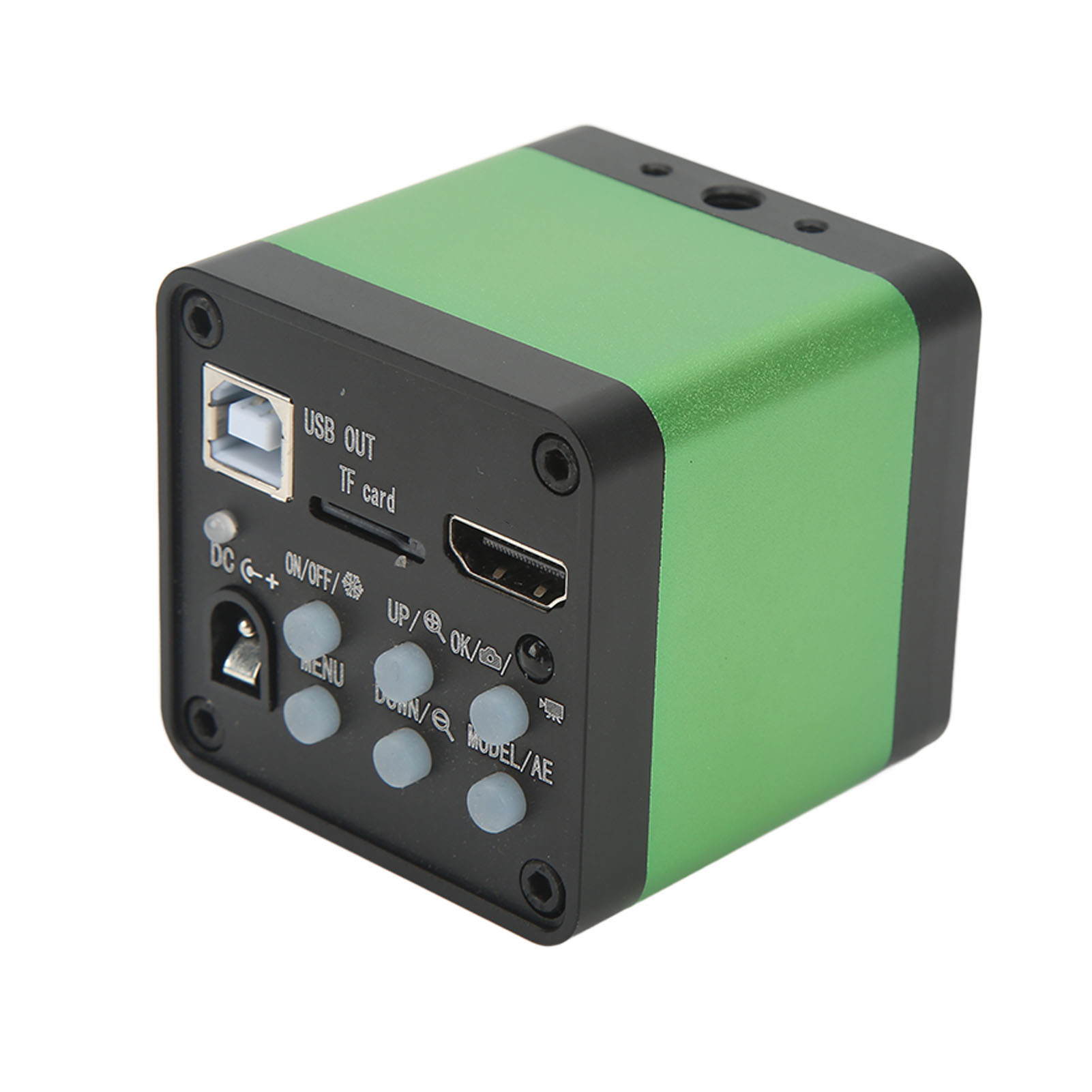 Grüne Kamera mit Anschlüssen: USB, TF-Karte, DC, HDMI. Knöpfe: Menü, An/Aus, Hoch, OK, Runter, Modell/AE.