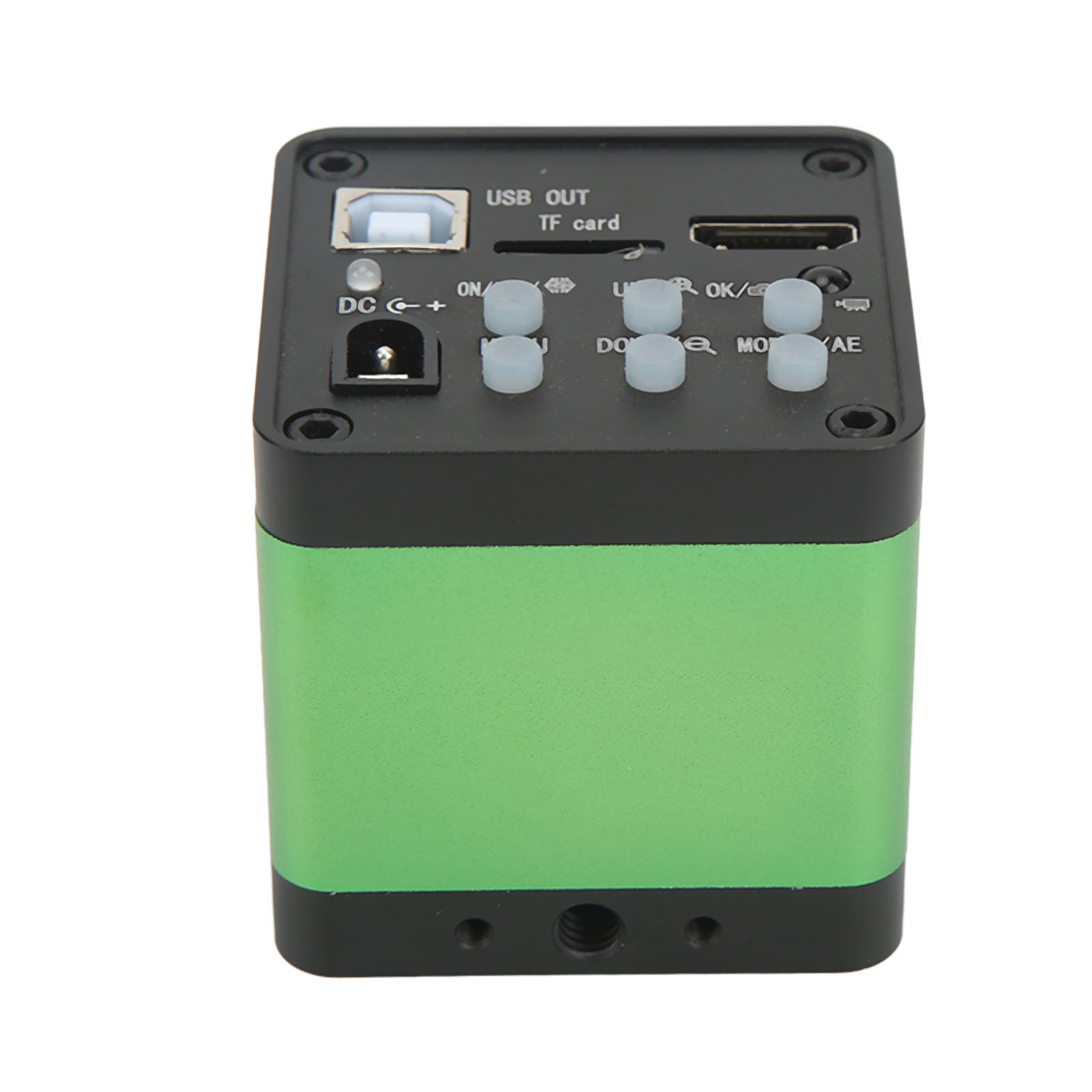 Ein grünes und schwarzes Gerät mit Anschlüssen: USB, DC IN, TF-Karte, HDMI und Tasten.