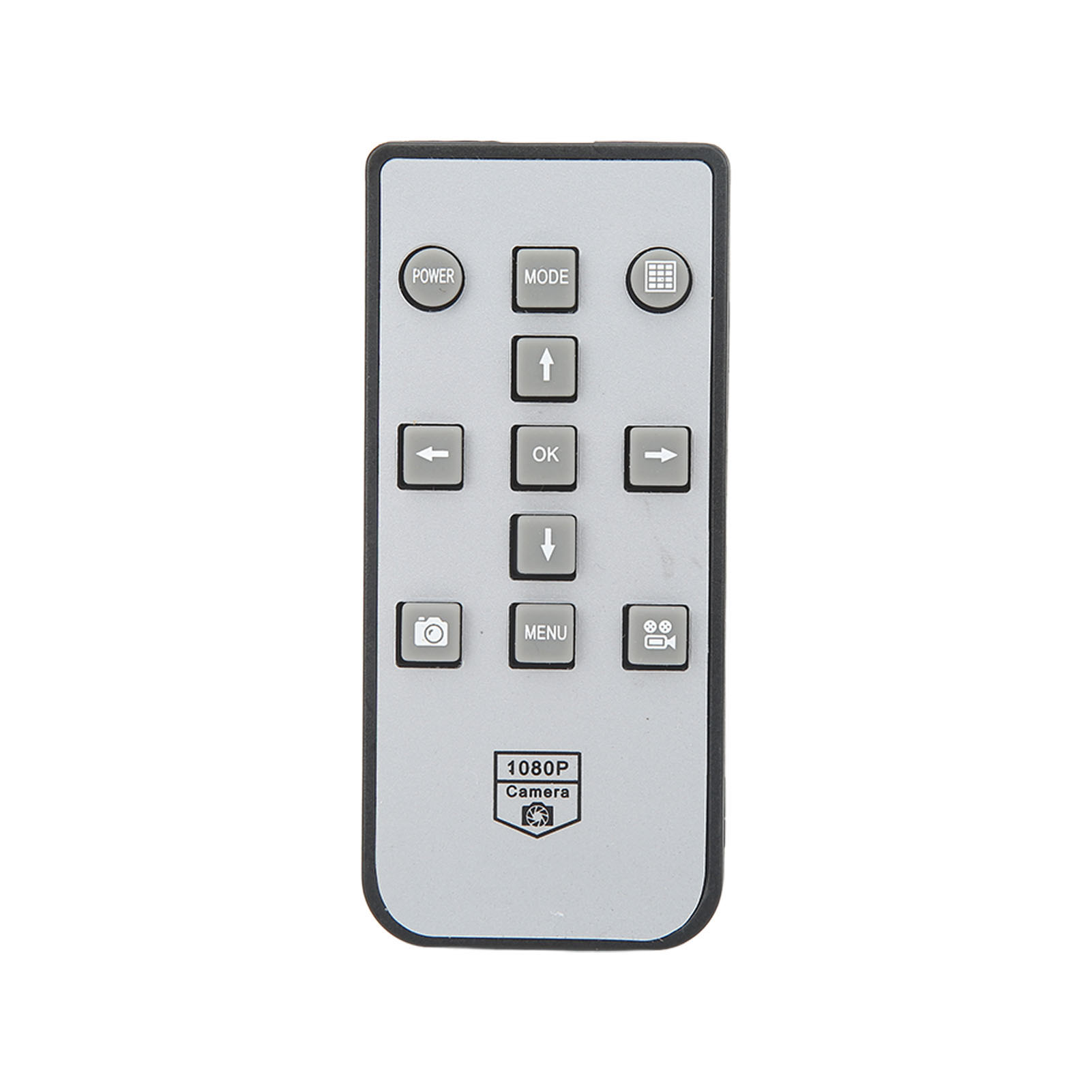 Eine silberne Fernbedienung mit Tasten für Power, Mode, OK, Menü und Navigation.