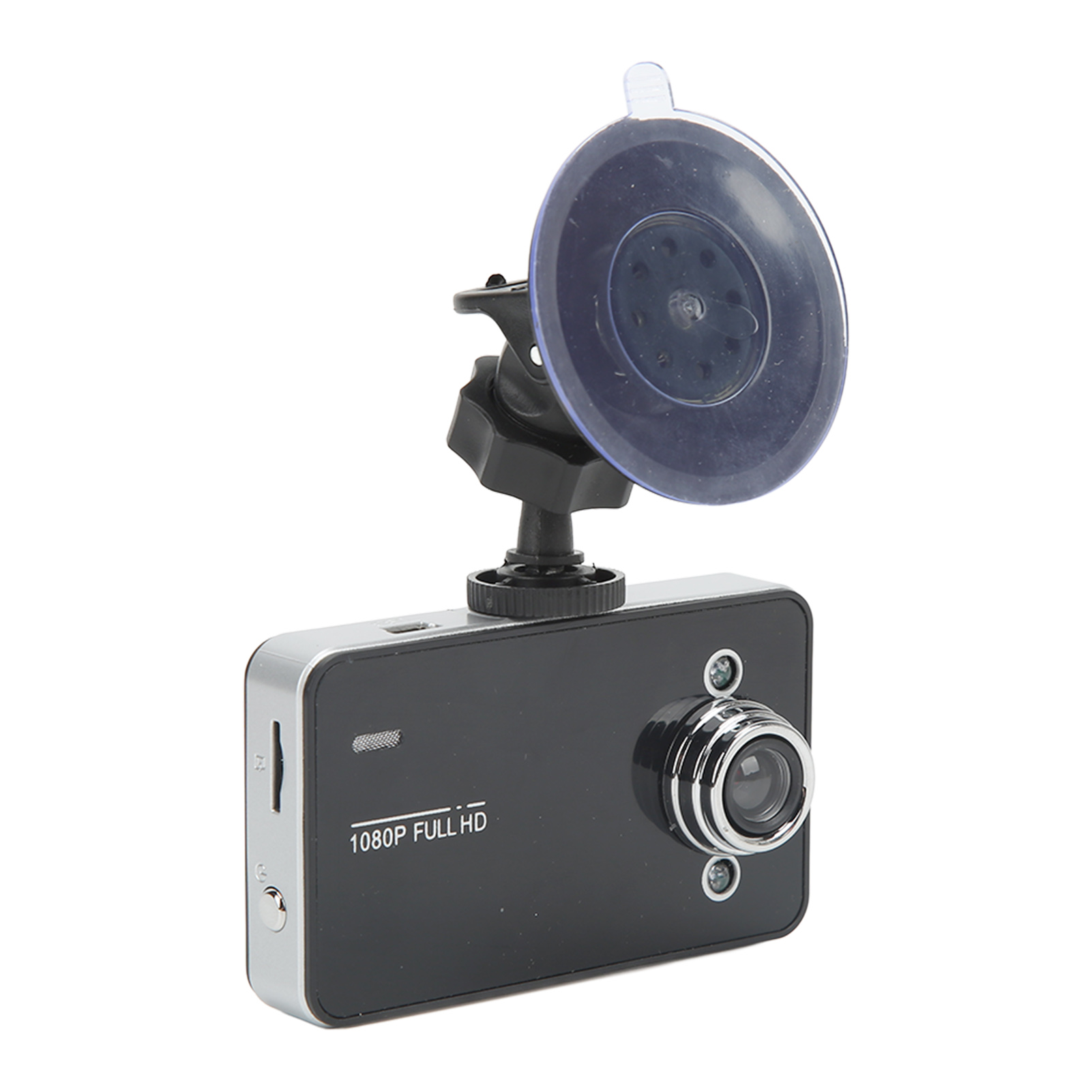 Ein schwarzer Dashcam mit einem Saugnapfhalterung und Linse.