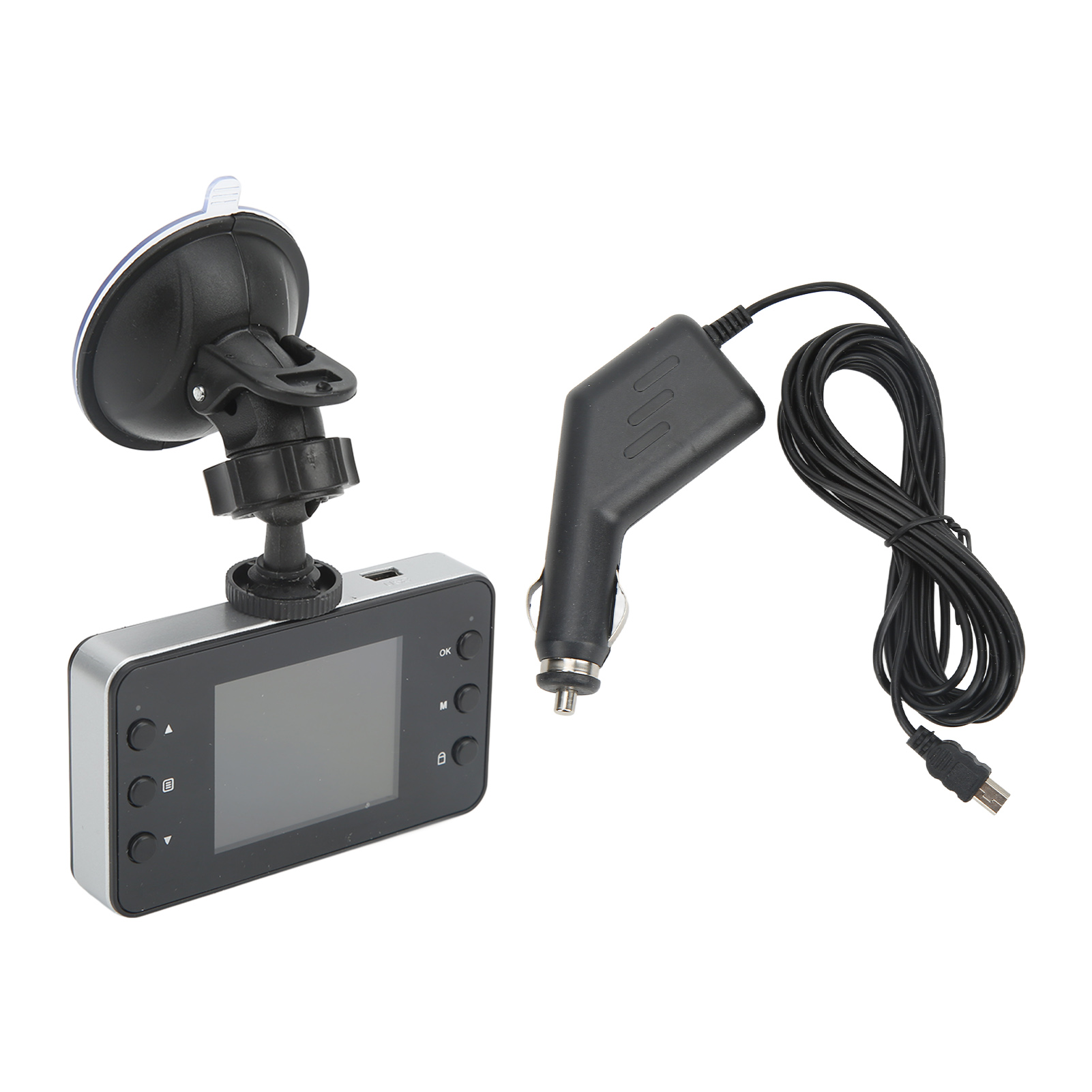 Ein Auto-DVR mit Saugnapfhalterung und Zigarettenanzünder-Ladegerät.
