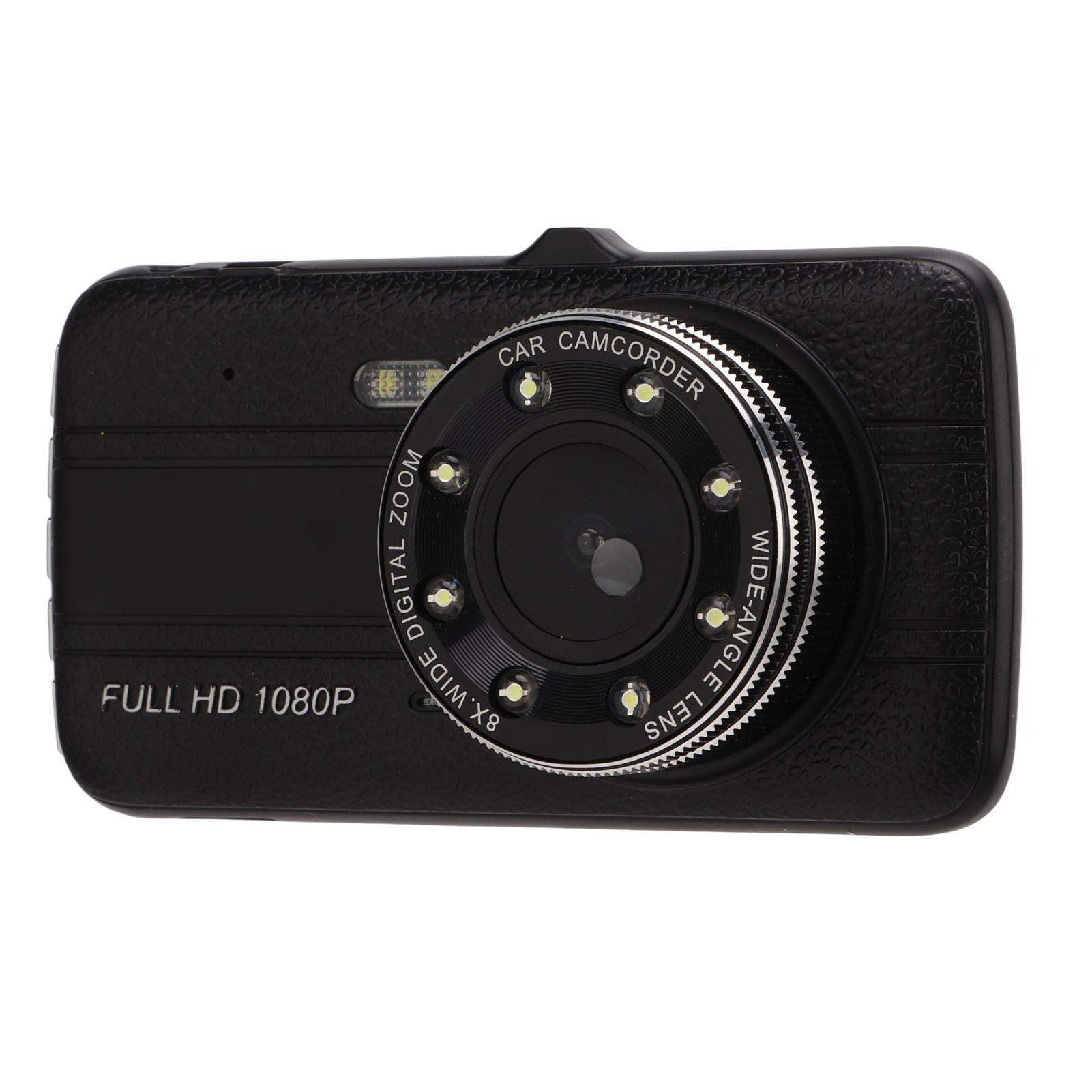 Schwarzer Auto-Camcorder mit Weitwinkelobjektiv und LED-Leuchten.