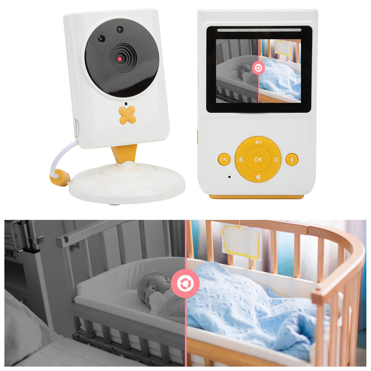 Babyphone mit Kamera und Monitor zeigt ein Baby im Bettchen.