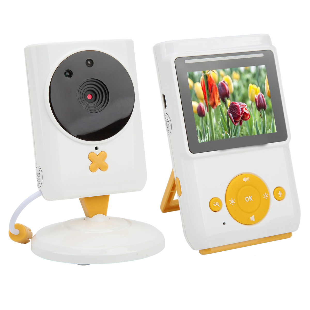 Ein weißer Baby Monitor mit Kamera und Bildschirm zeigt Tulpen.