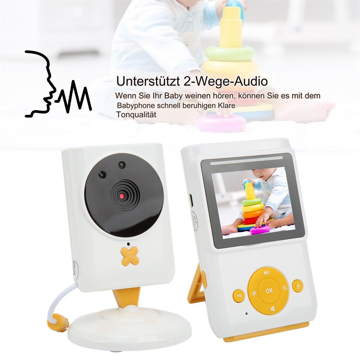 Ein Babyfon mit Kamera und Monitor zeigt ein Baby mit Spielzeug. Unterstützt 2-Wege-Audio.