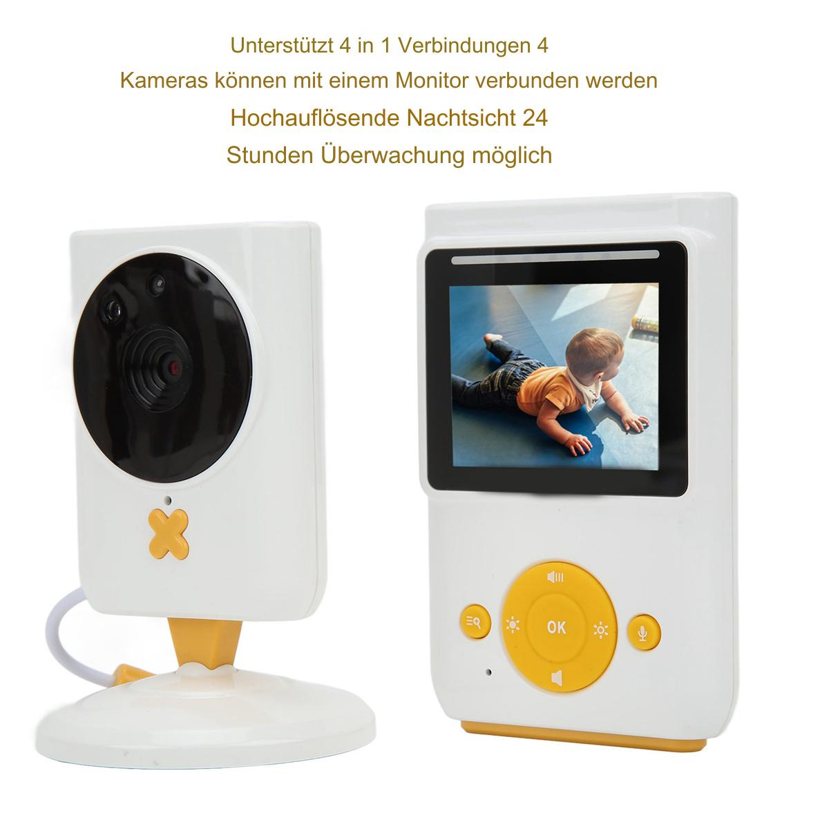 Babyphone mit Kamera und Monitor zeigt Baby in orangefarbenem Strampler liegend.