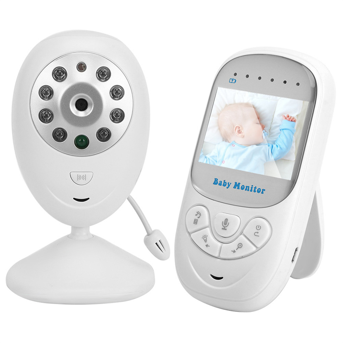 Ein weißer Baby Monitor mit Kamera und Bildschirm, der ein schlafendes Baby zeigt.