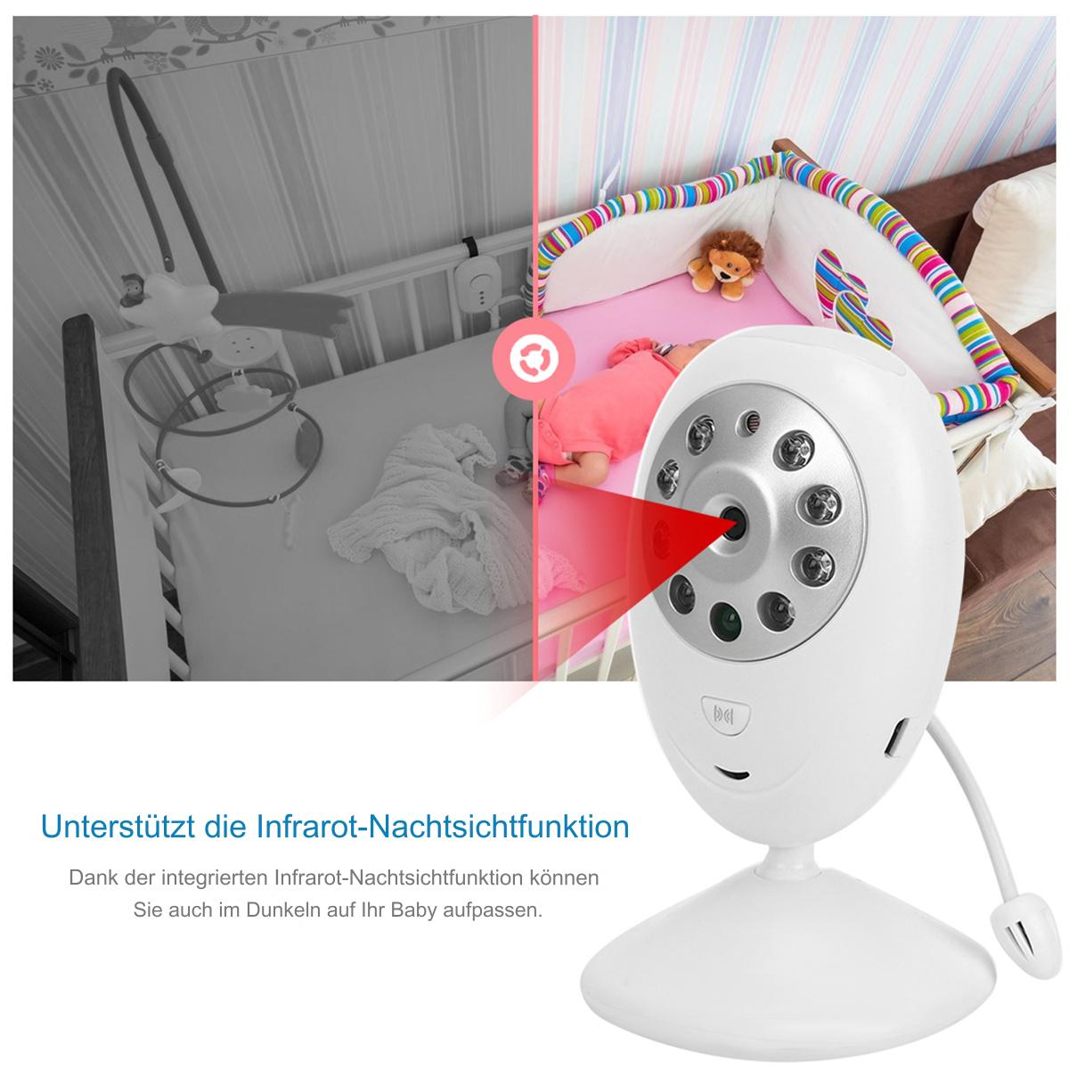 Babyphone mit Nachtsichtfunktion zeigt Baby im Bett und Kamera. Roter Lichtstrahl.