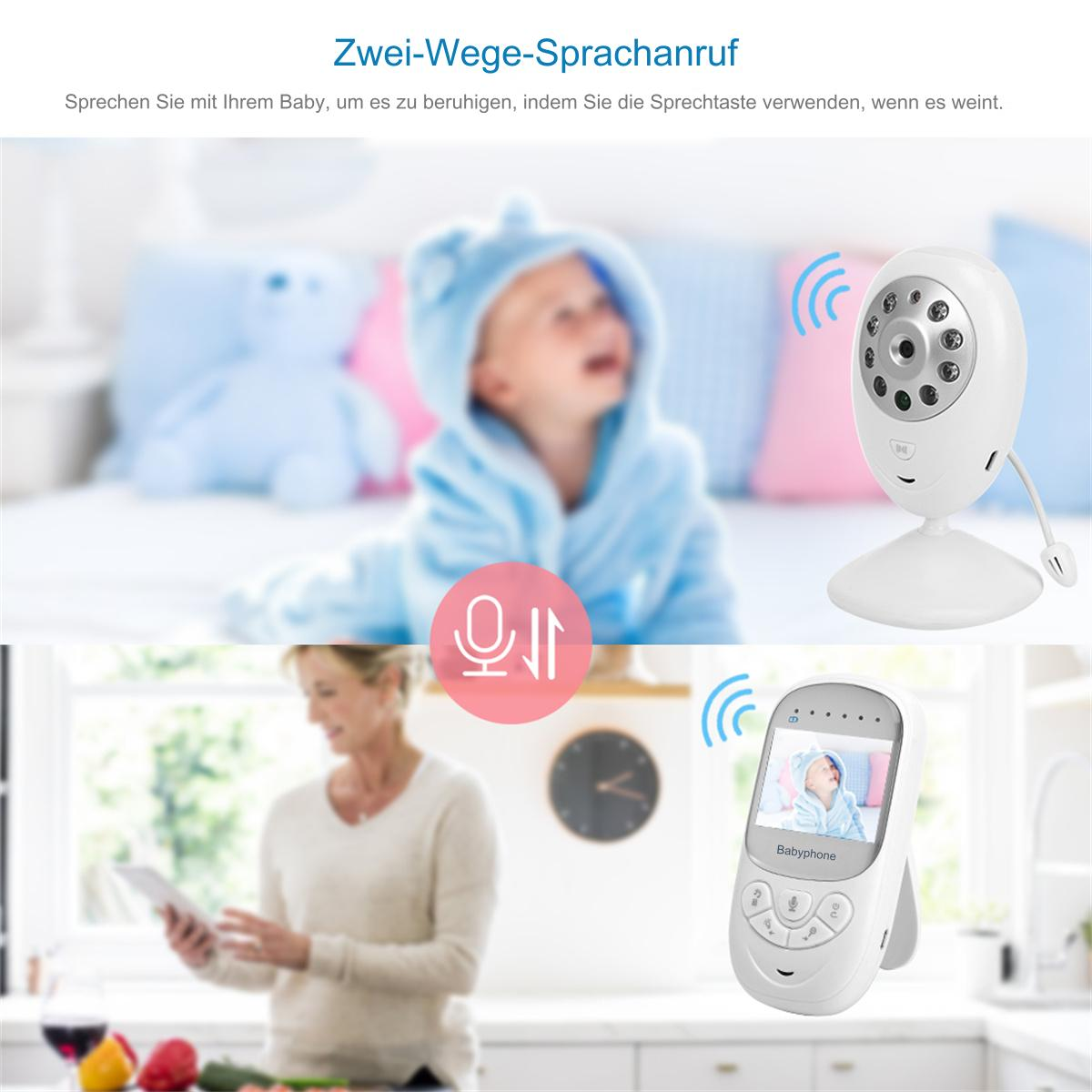 Babyphone mit Kamera zeigt Baby, Eltern mit Monitor, Zwei-Wege-Audio.