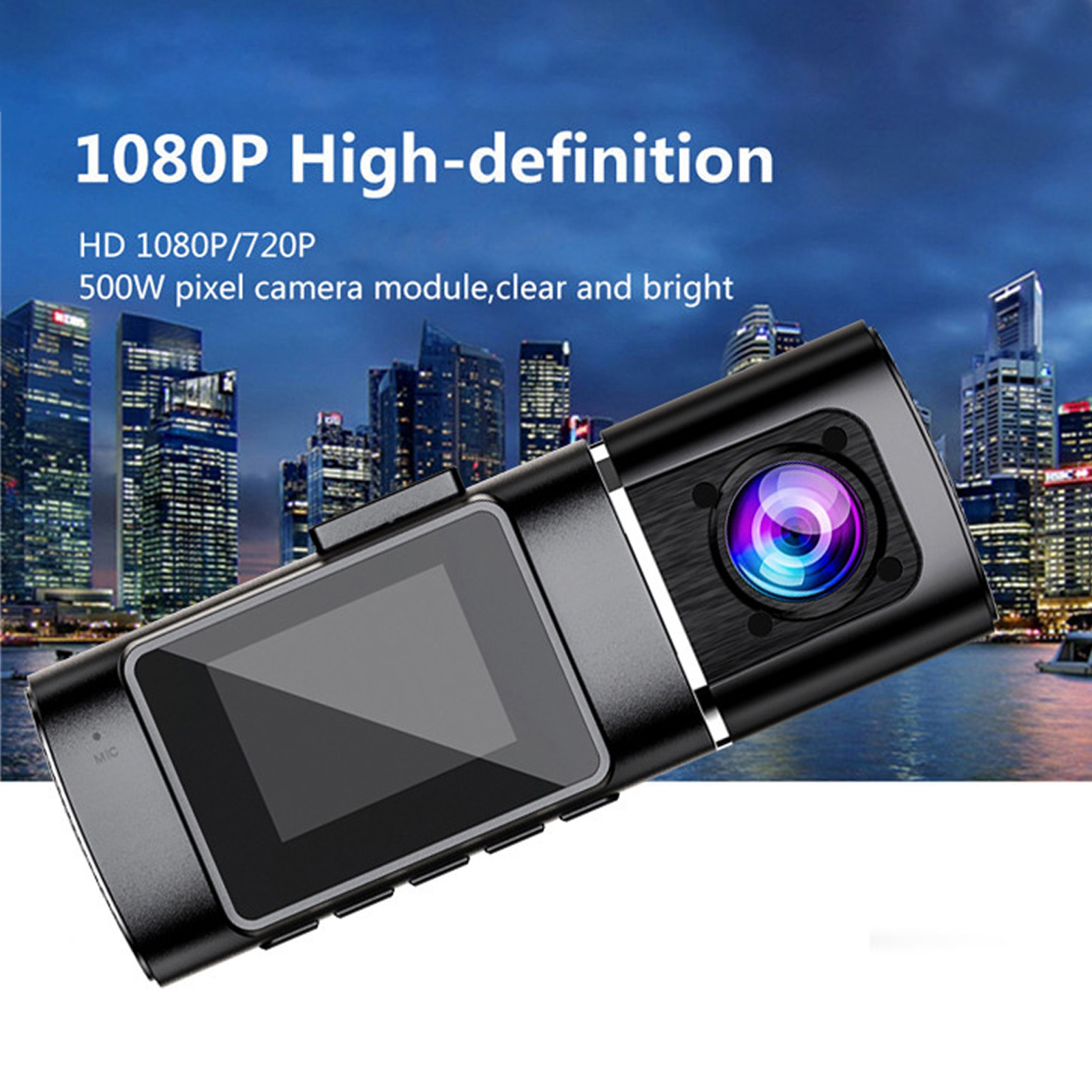 Eine 1080P-Kamera mit Bildschirm und Linse vor einer Stadtsilhouette.
