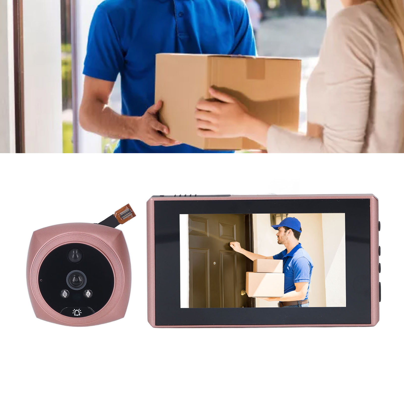 Lieferant übergibt Paket an Frau; daneben Türklingelkamera mit Display.