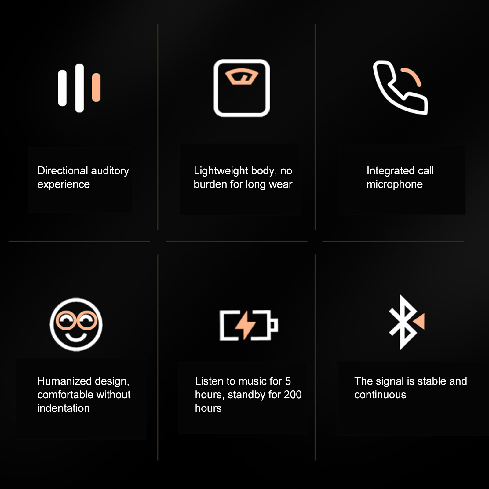 Sechs Icons mit Text: Richtungs-Audio, Leichtgewicht, Mikrofon, Design, Akkulaufzeit, Signal.