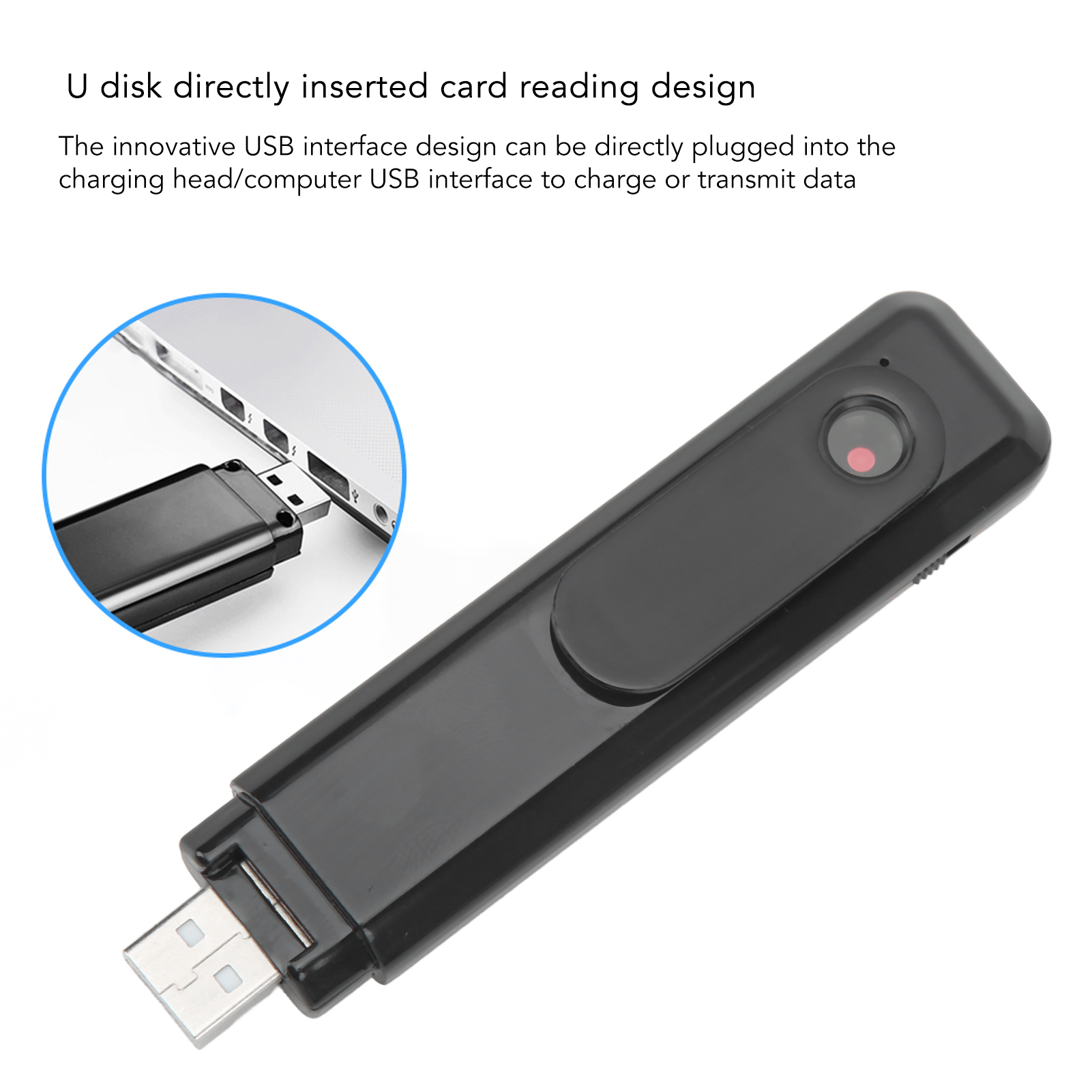 Ein schwarzer USB-Stick mit einem roten Knopf wird in einen Laptop gesteckt.