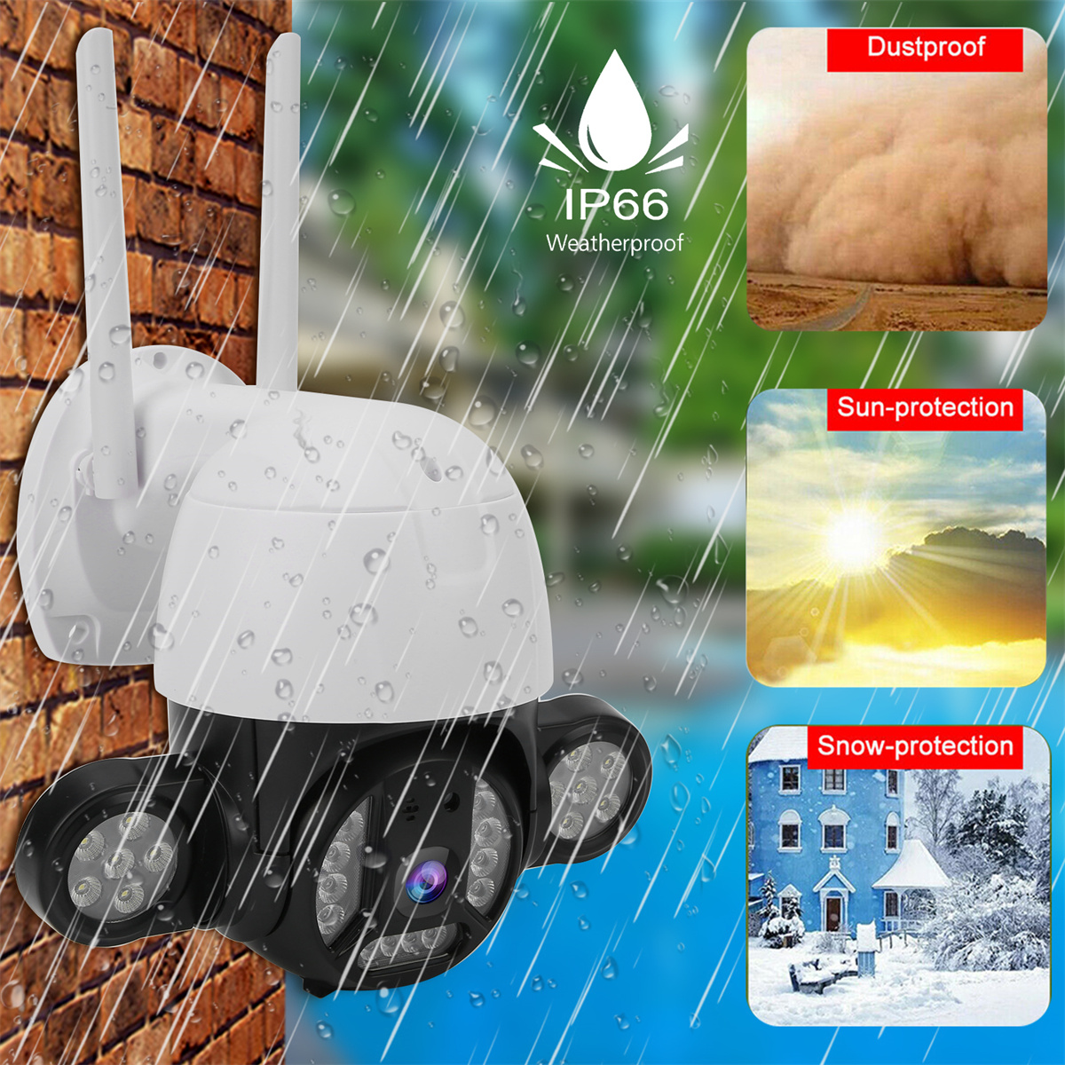 Wetterfeste Kamera mit IP66-Schutz, staub-, sonnen- und schneegeschützt.
