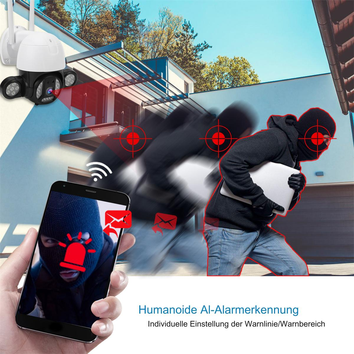 Überwachungskamera erfasst Einbrecher mit Laptop. Handy zeigt Alarm.