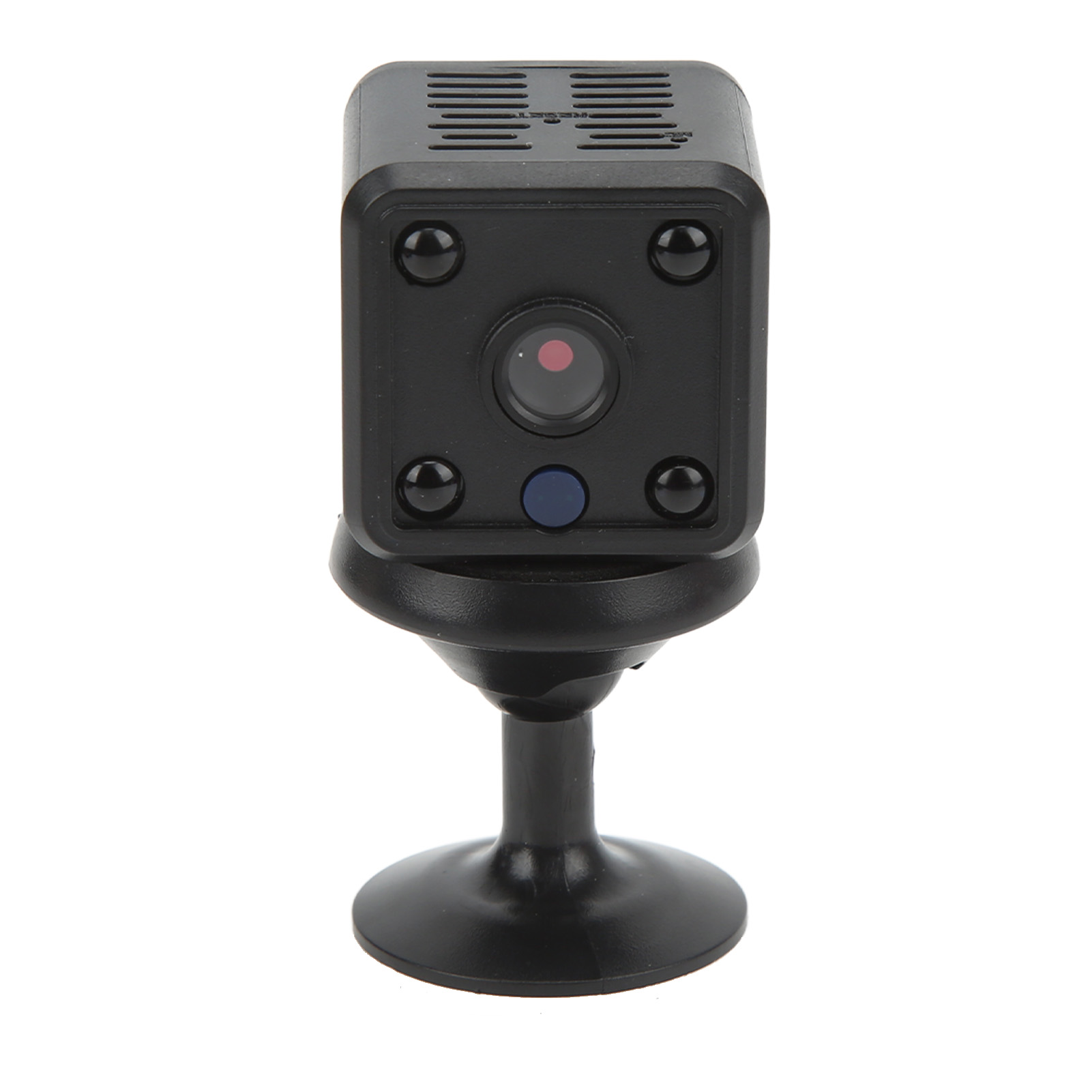 Kleine schwarze Kamera mit Objektiv, vier Lichtern und blauem Knopf auf Ständer.