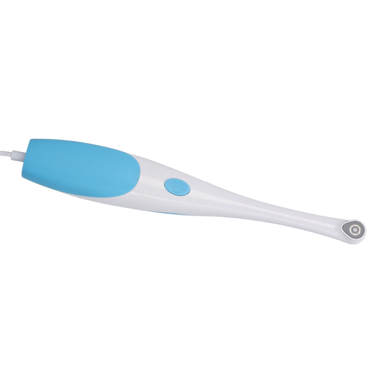 Ein weiß-hellblaues Dental-Endoskop mit Knopf und Linse.