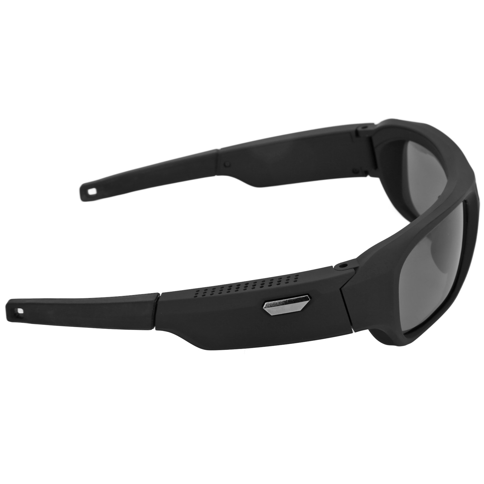 Schwarze Sonnenbrille mit verspiegelten Gläsern und Belüftungsschlitzen.