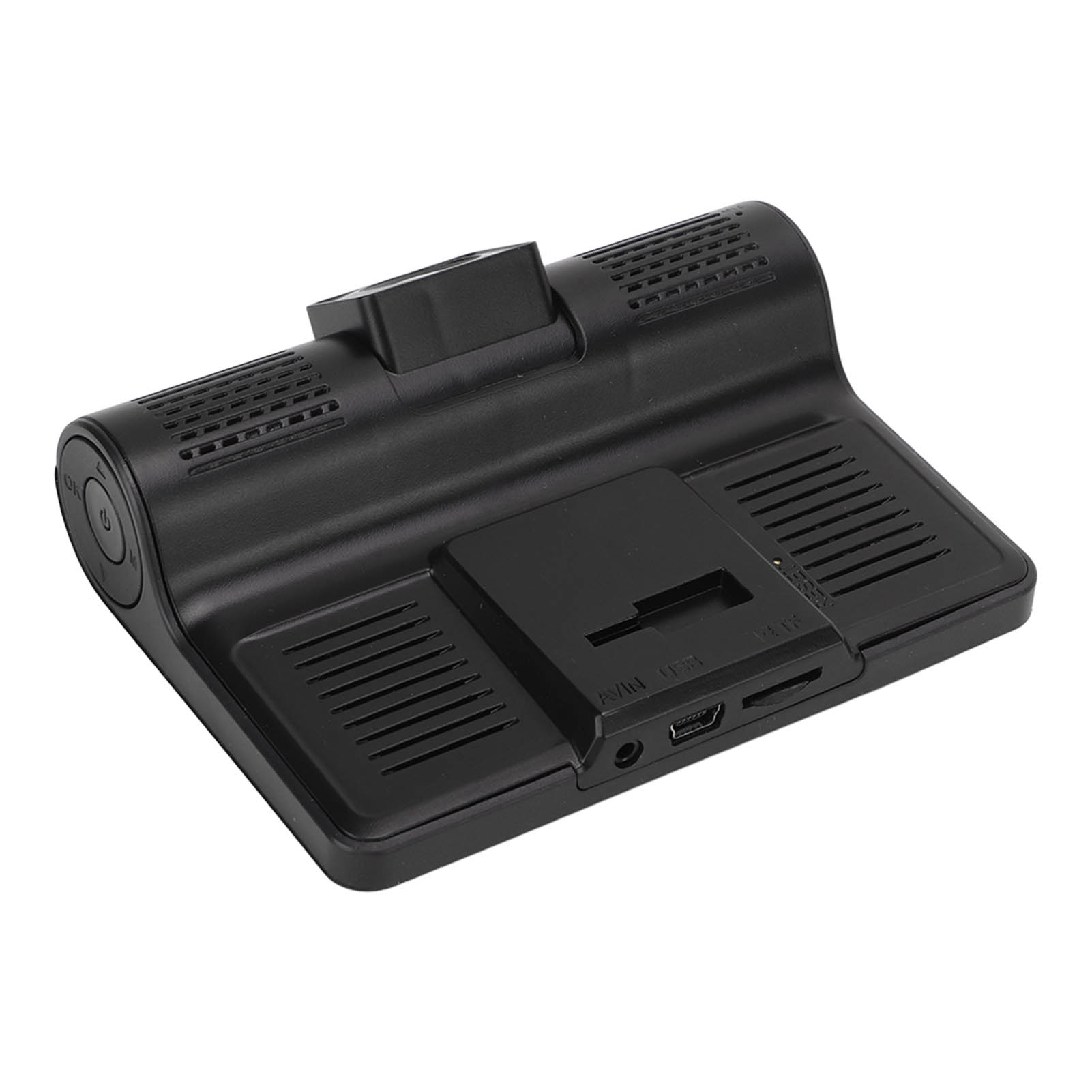 Ein schwarzer Dashcam-Recorder mit Lüftungsschlitzen und Anschlüssen.