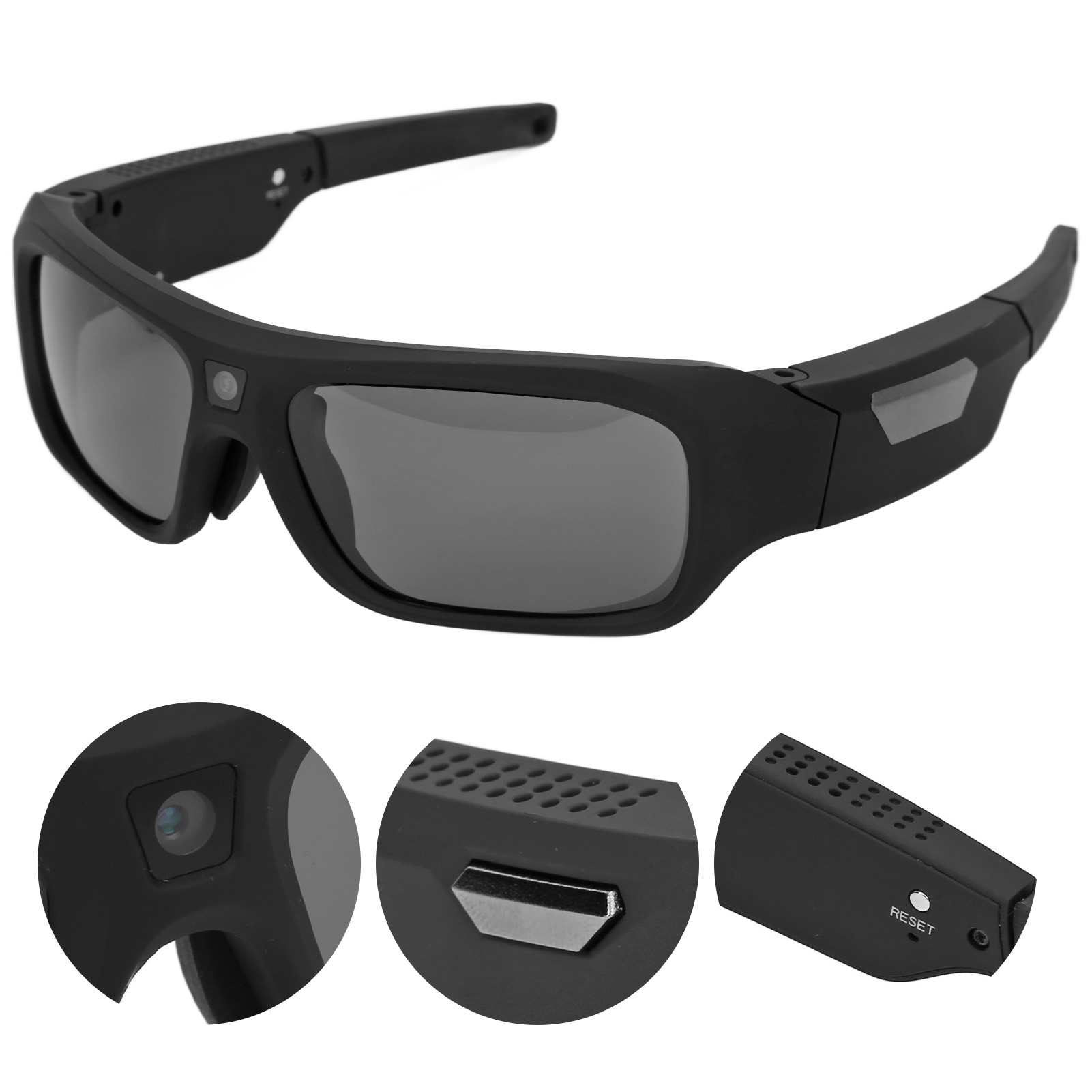 Schwarze Brille mit integrierter Kamera und Details.