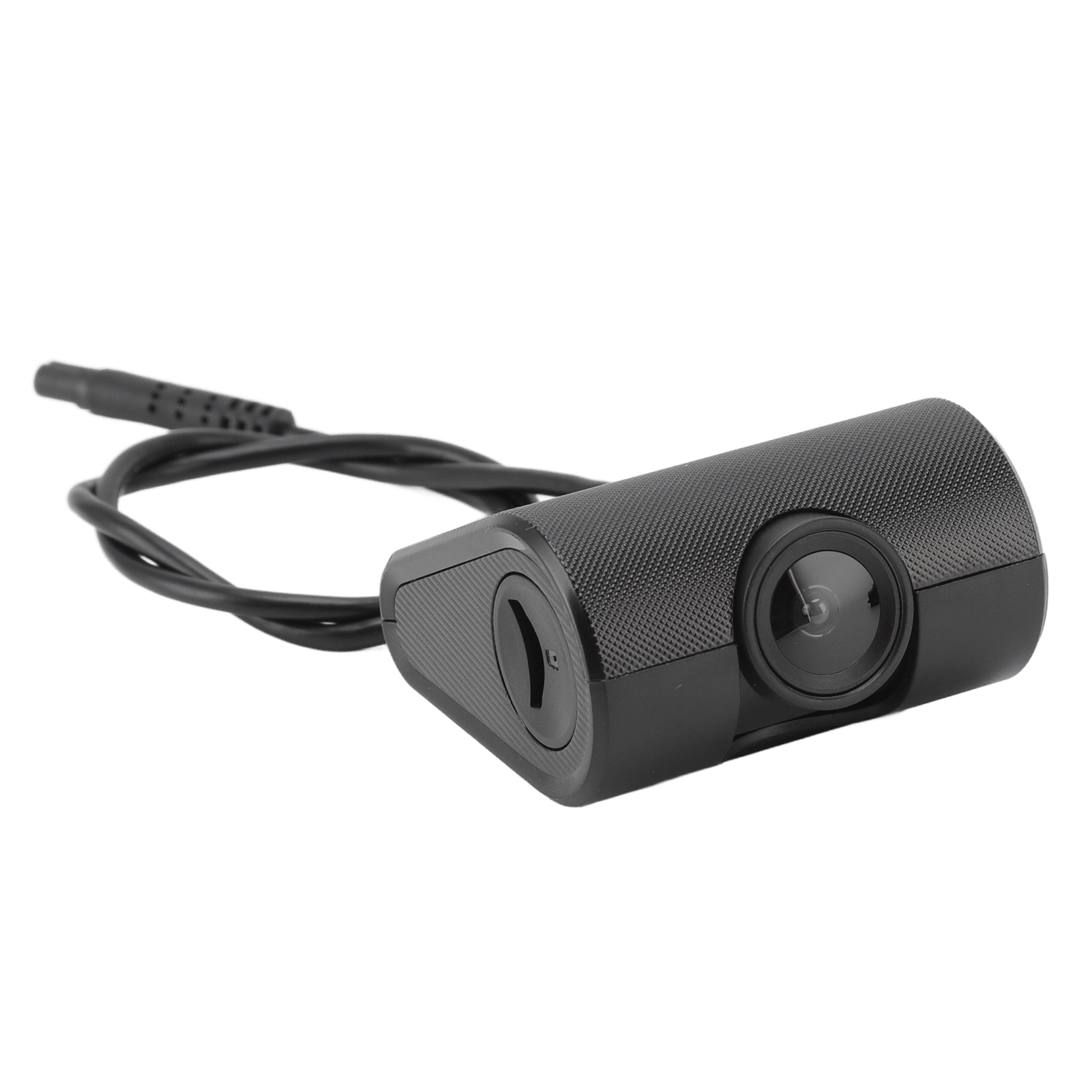 Eine kleine schwarze Kamera mit einem Objektiv und einem Kabel.