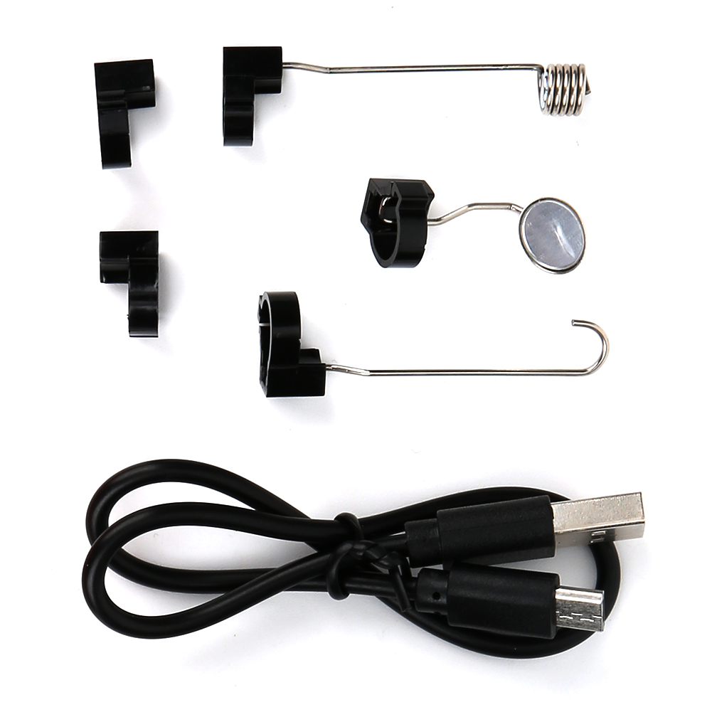 Schwarz und Silber: 3 Haken, 1 Spiegel, 1 Feder und USB-Kabel.