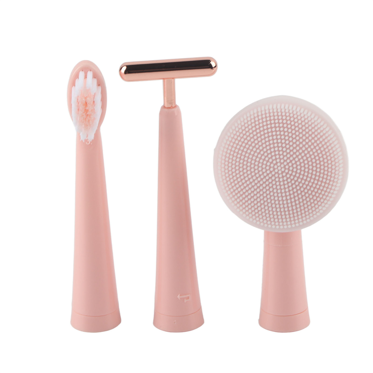 Drei rosafarbene Hautpflegegeräte: ein Bürstenkopf, ein T-förmiger Massager und eine Silikonbürste.