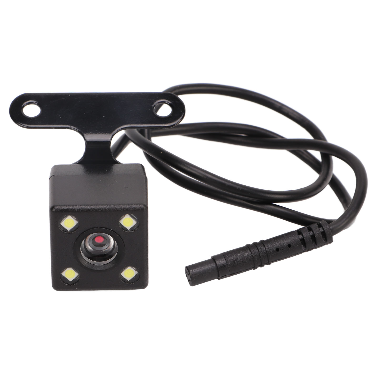 Kompakte schwarze Kamera mit vier LEDs und Halterung, mit Kabel.