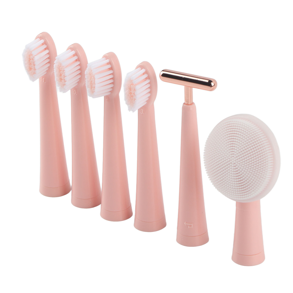 Fünf rosa Bürstenköpfe und ein Silikonreiniger auf einem weißen Hintergrund.