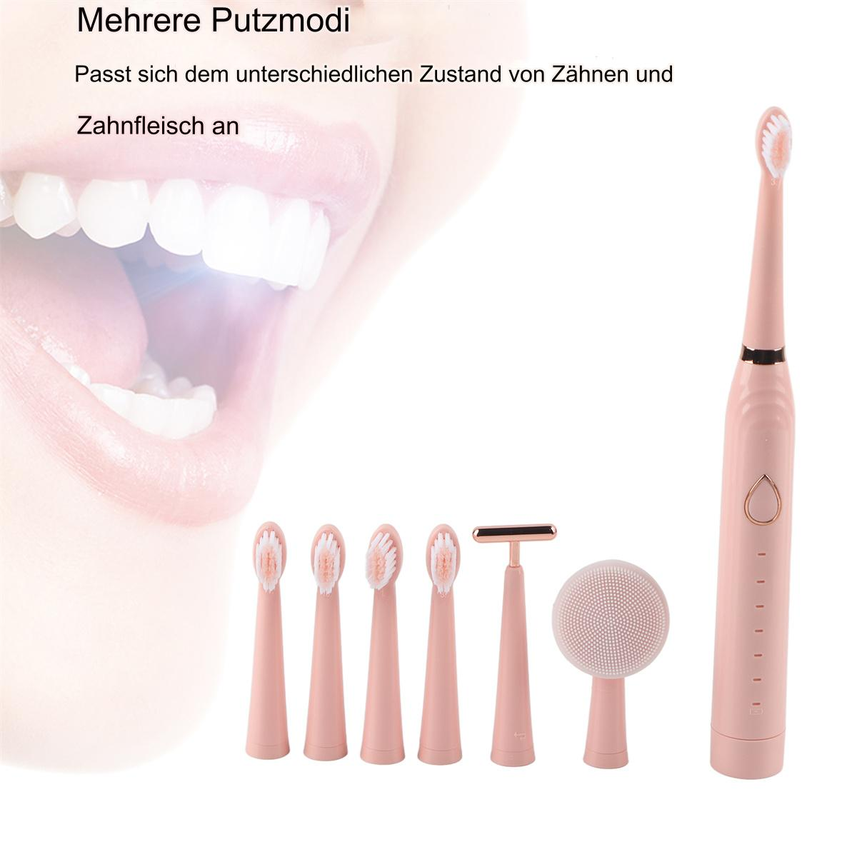 Ein rosa Elektronen-Zahnbürsten-Set mit Aufsätzen und ein Mundbereich.