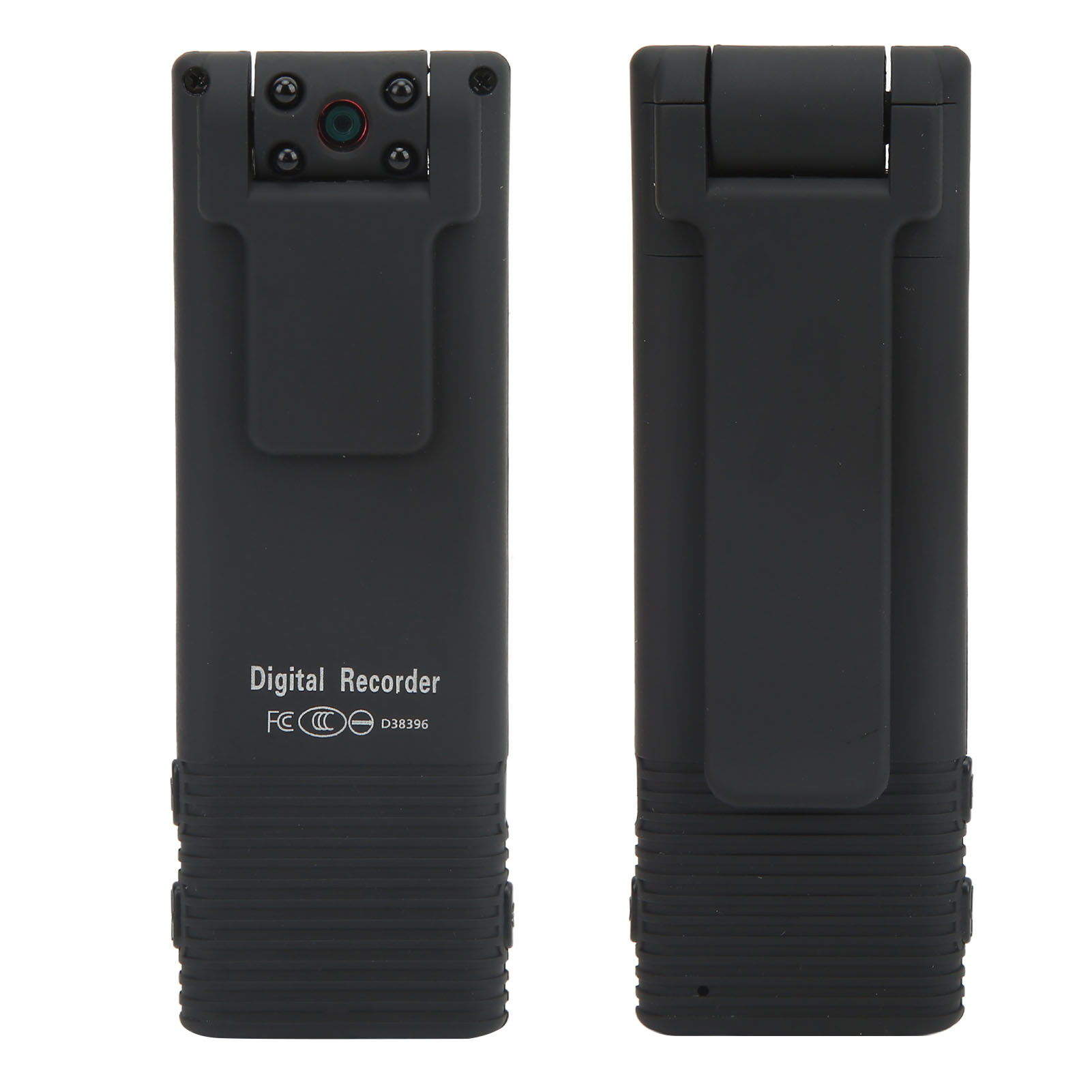 Zwei schwarze digitale Recorder mit Klammern, Vorder- und Rückansicht.