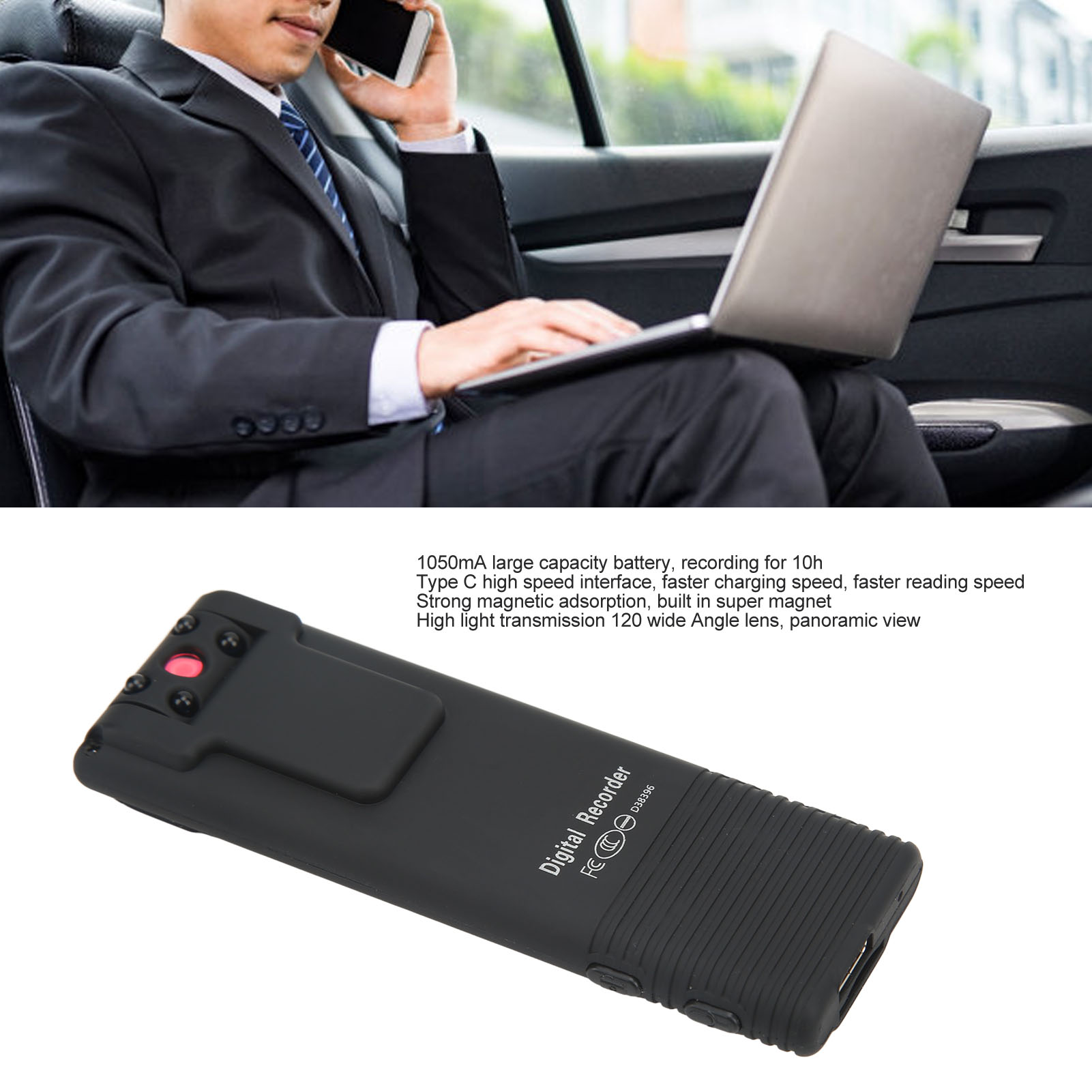 Ein Geschäftsmann telefoniert und arbeitet im Auto an einem Laptop. Daneben ein digitaler Rekorder.