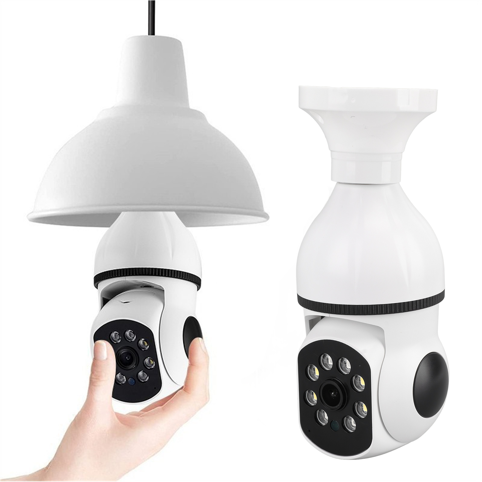 Ein weißer Überwachungs-Schwenk-Neige-Kamerakopf wird vor einer weißen Lampe gehalten.