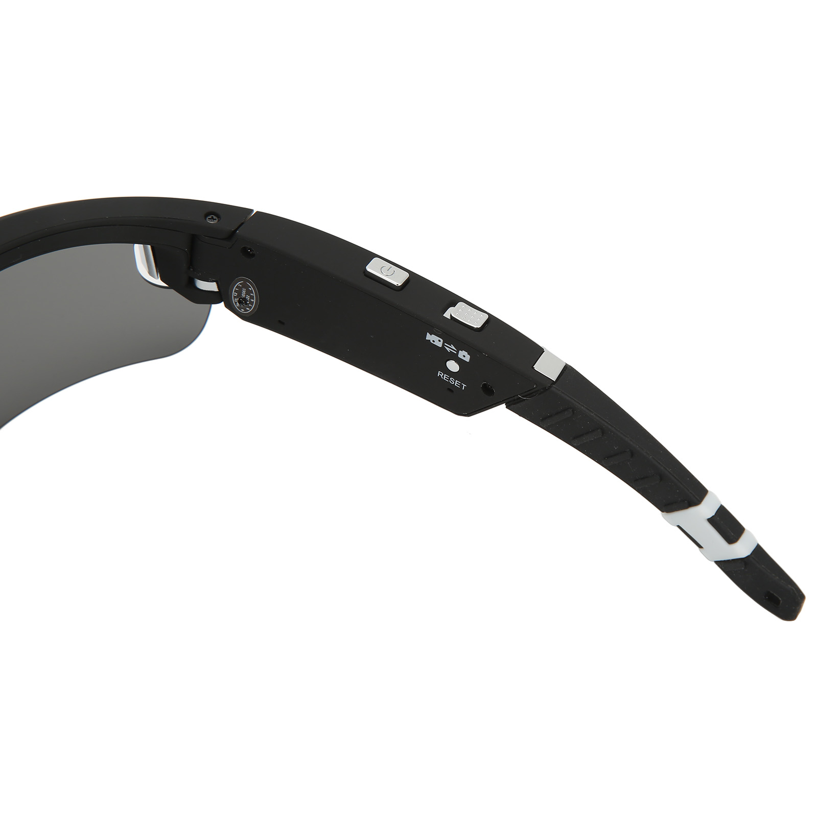 Schwarze Brille mit silbernen Akzenten und Bedienelementen.