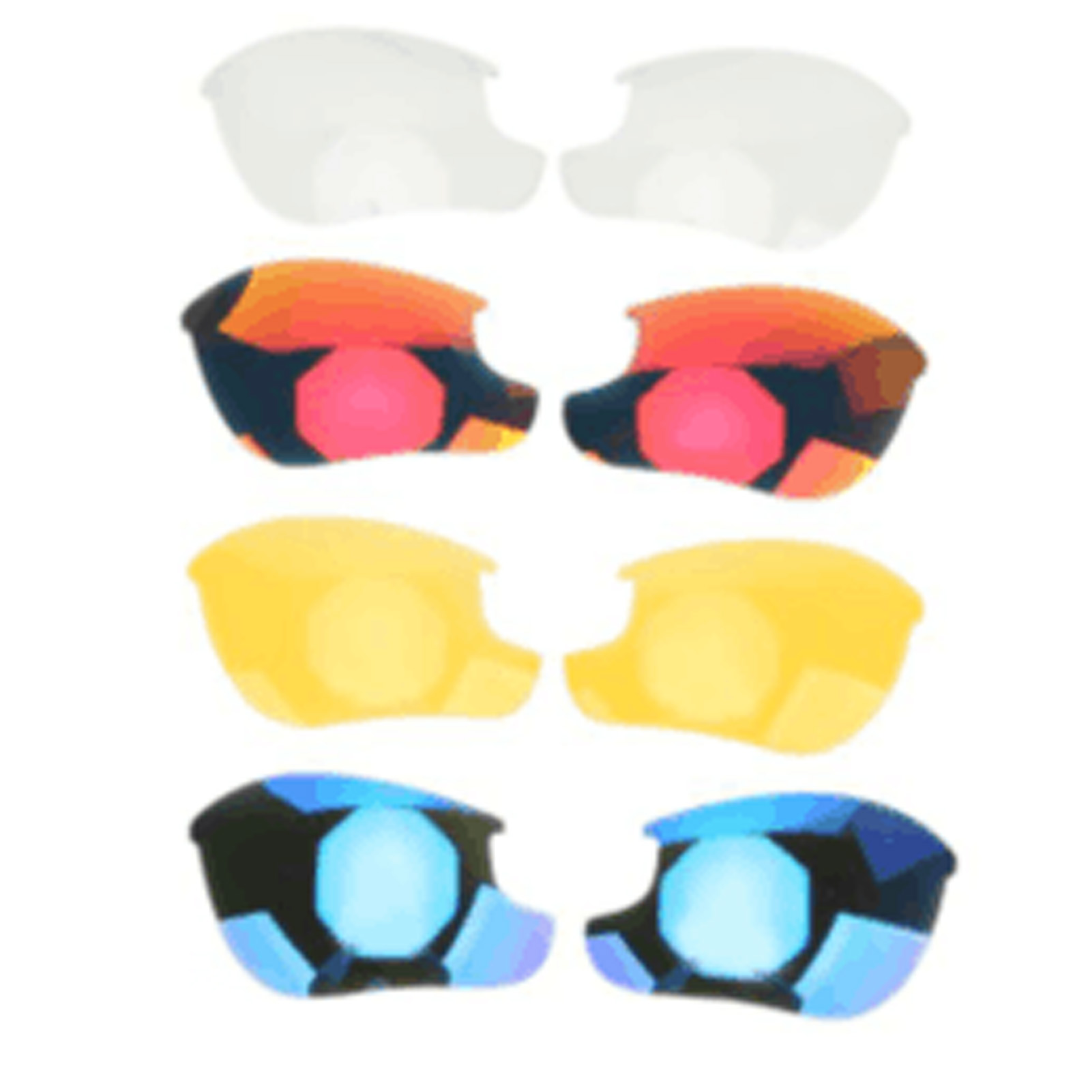Vier Paar Skibrillen-Gläser: klar, orange/pink, gelb und blau.