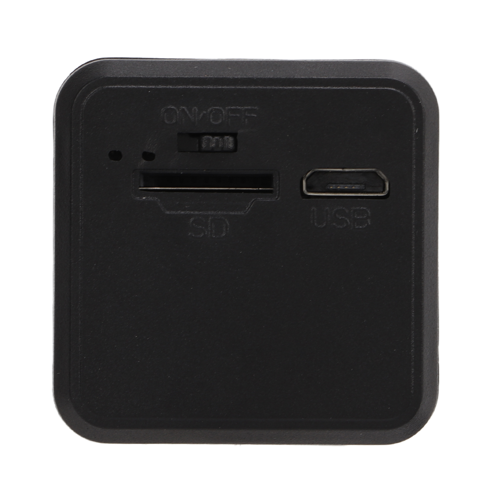 Schwarzes Mini-Gadget mit USB-, SD-Slot und On/Off-Schalter.
