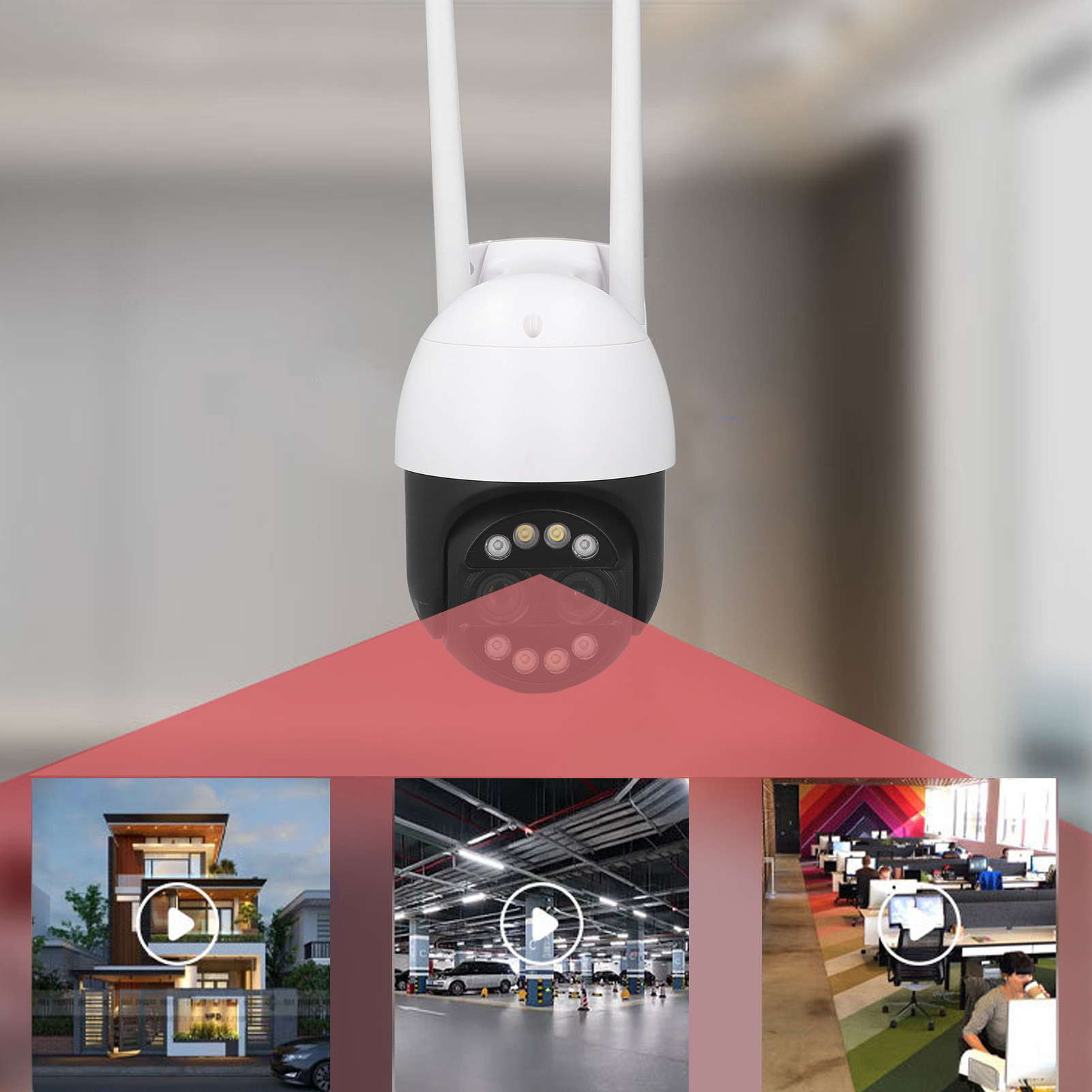 Überwachungskamera mit drei Videovorschauen: Haus, Parkhaus, Büro.