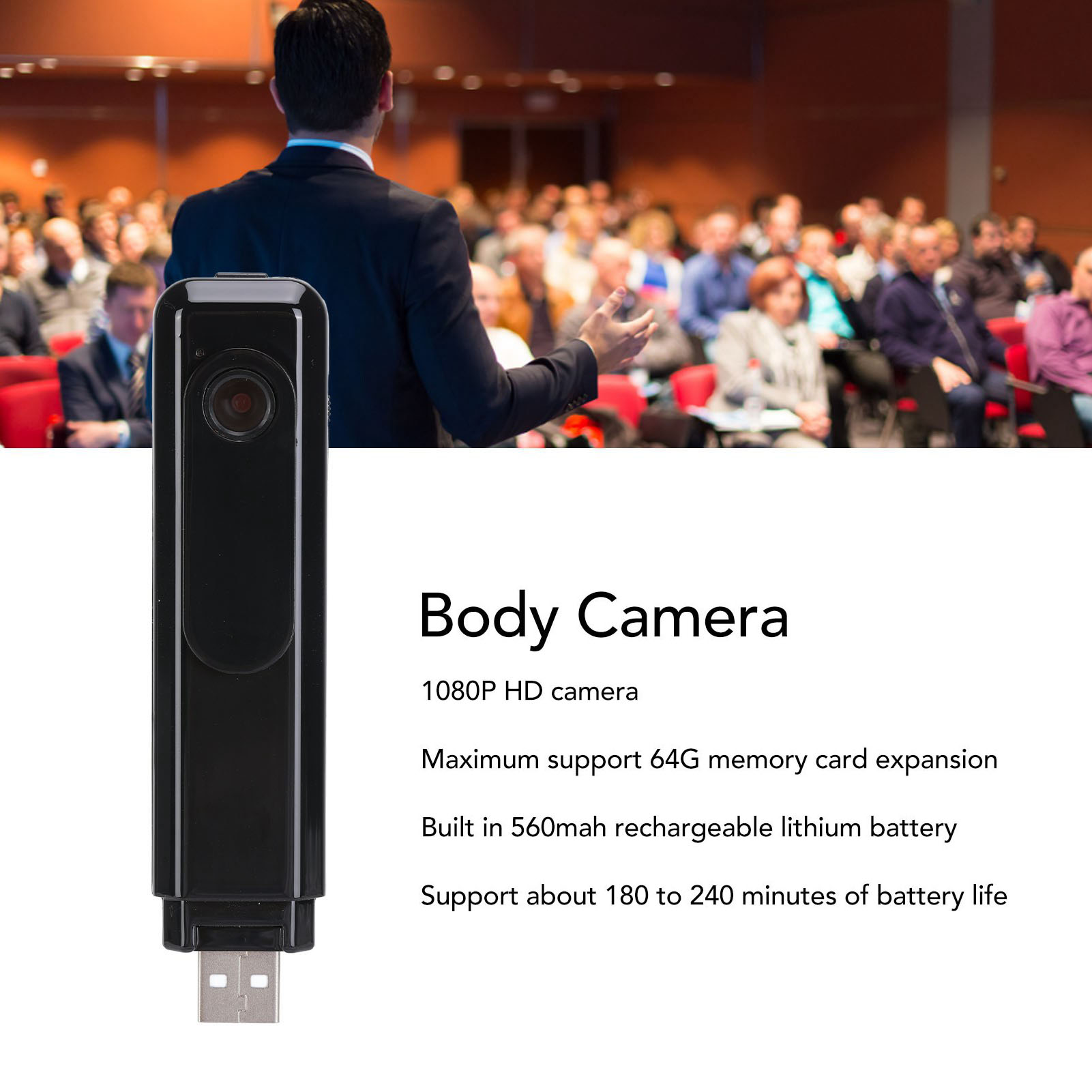 Ein schwarzer Body-Kamerastick mit USB-Anschluss vor einem Publikum.