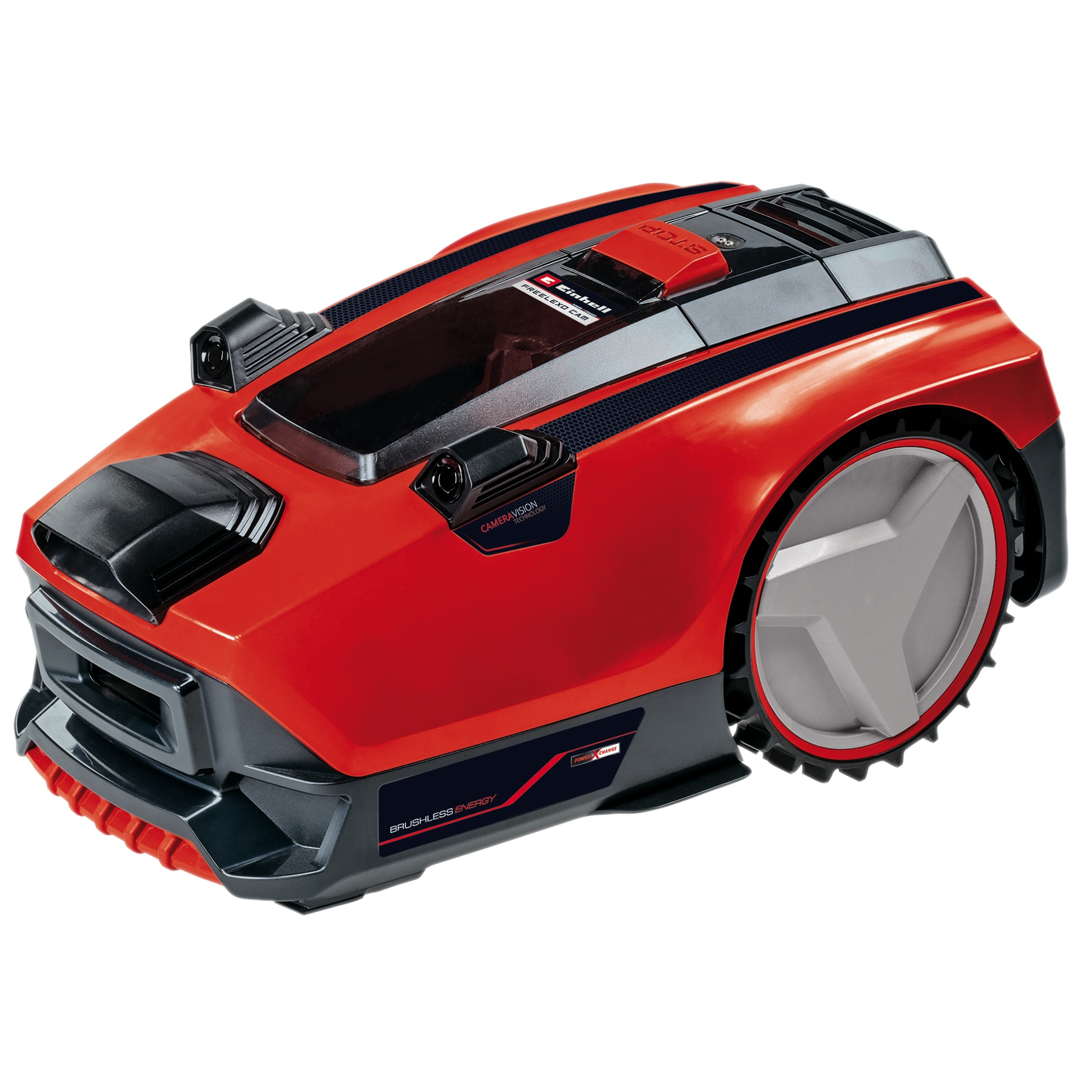 Ein roter Rasenmähroboter mit schwarzen Akzenten steht auf weißem Hintergrund.