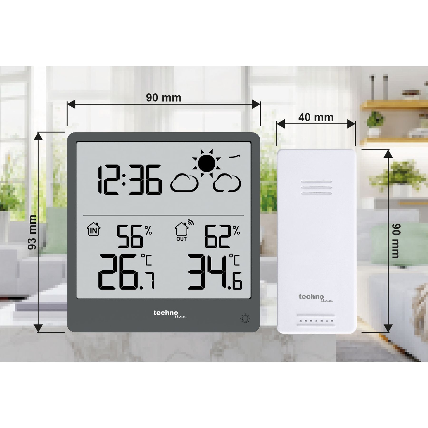 Thermomètre numérique affiche 12:36, 56% intérieur, 26.5°C intérieur, 62% extérieur, 34.6°C extérieur.