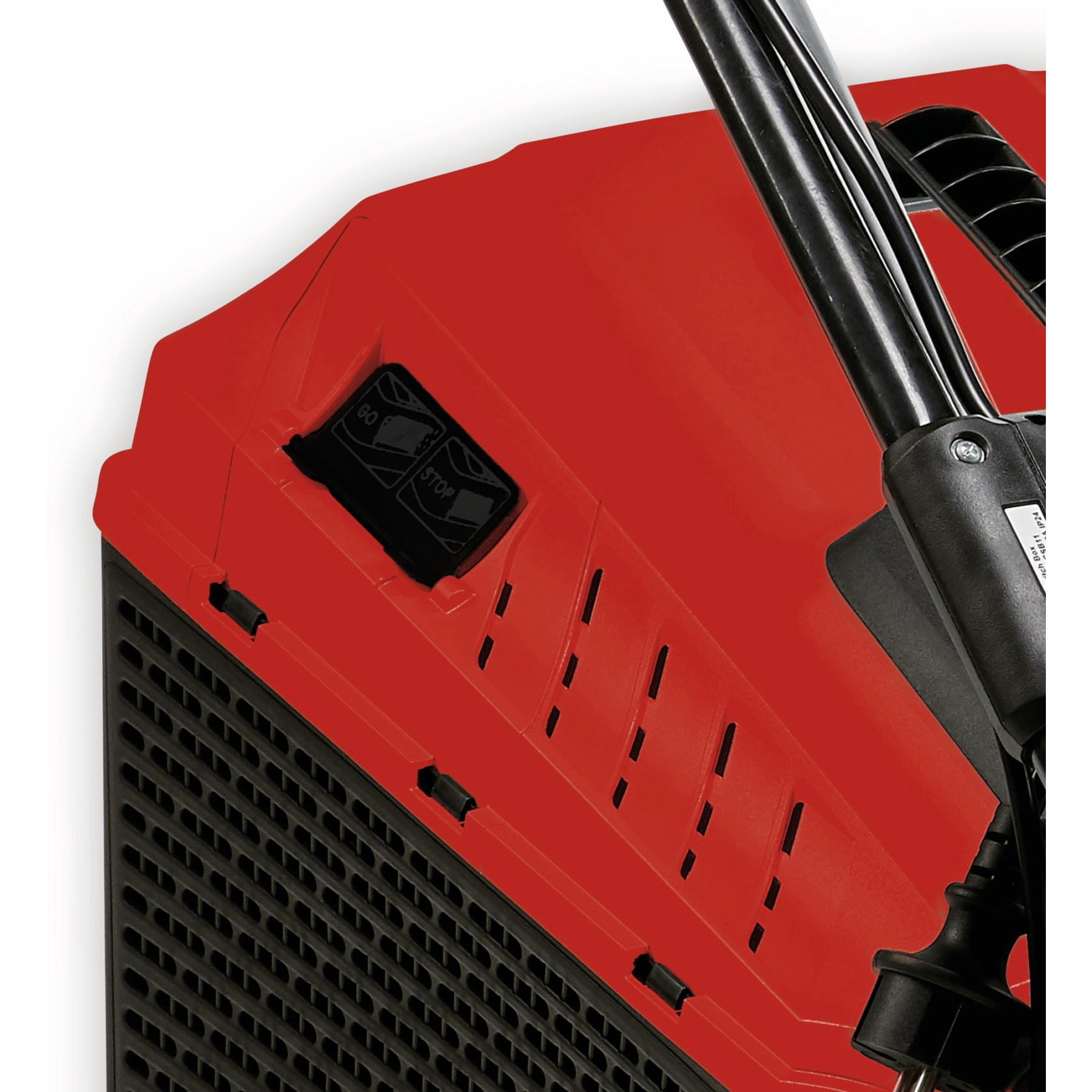 Roter Rasenmäher mit schwarzem Gitter und Griff, mit Go/Stop-Schalter.