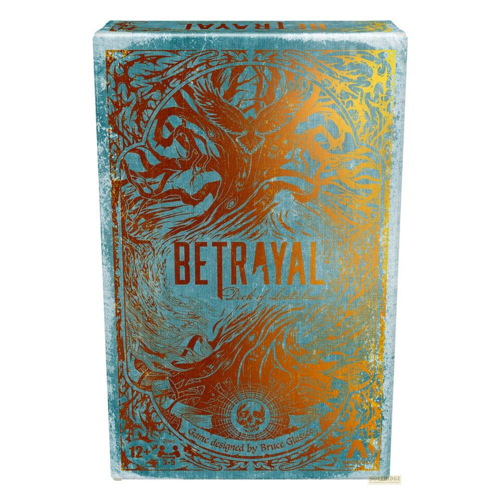 Een teal doos met een gouden barokke boom en adelaar ontwerp. Tekst: BETRAYAL.